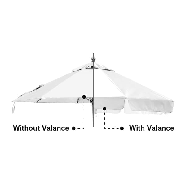 A white square market umbrella featuring options for valance and no valance, with a central pole and a logo visible.