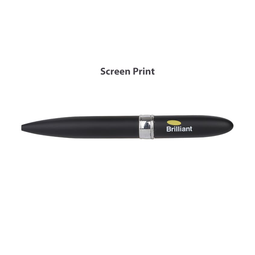 A black pen with a silver band, featuring a branding logo, designed for screen printing.