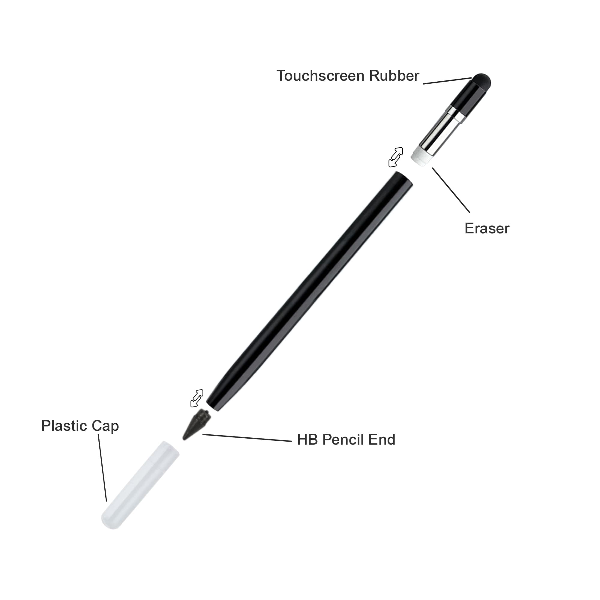A black 3-in-1 pencil features a touchscreen rubber tip, eraser, and an HB pencil end, with a plastic cap.