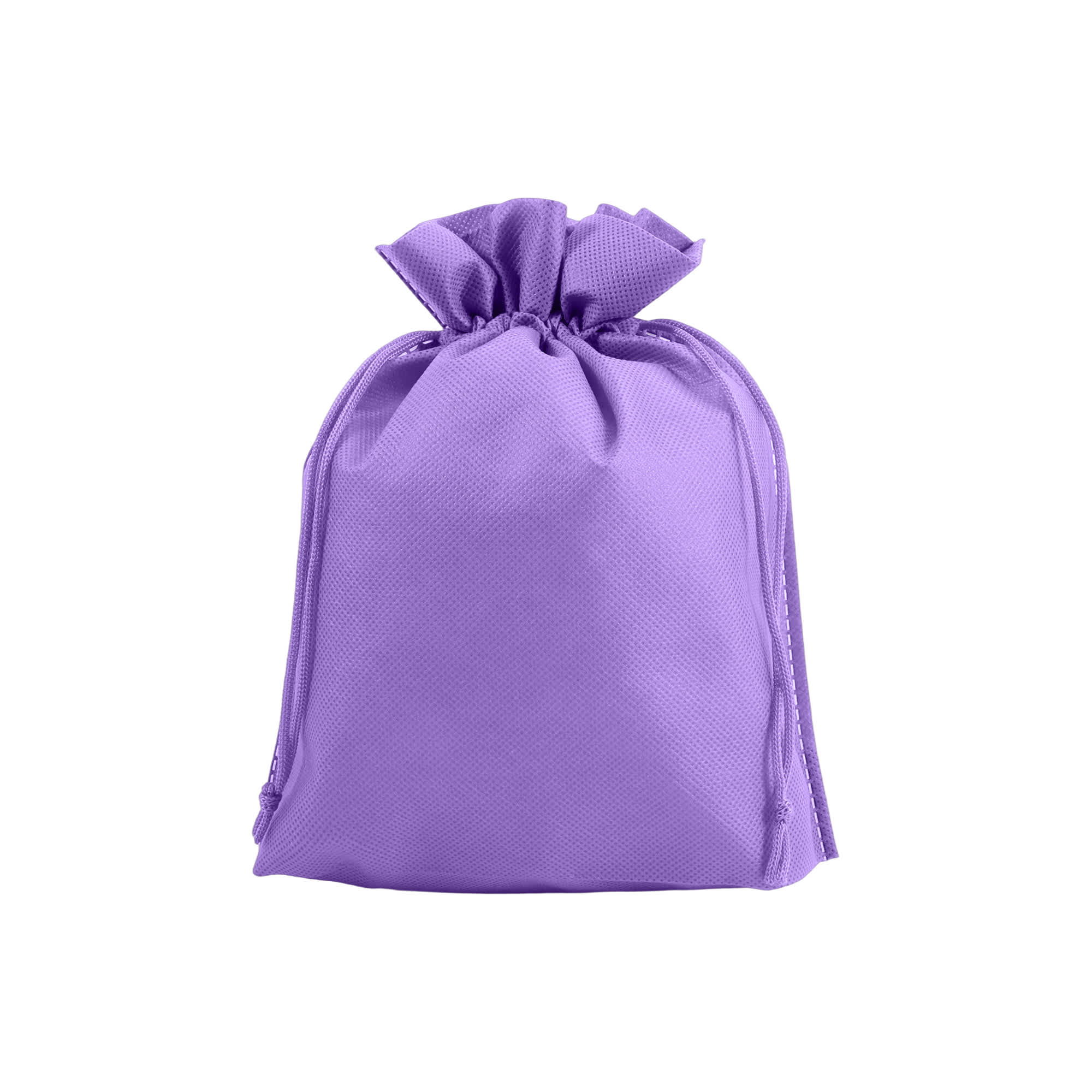 A purple non-woven drawstring bag with a gathered top and a logo featured on the surface.