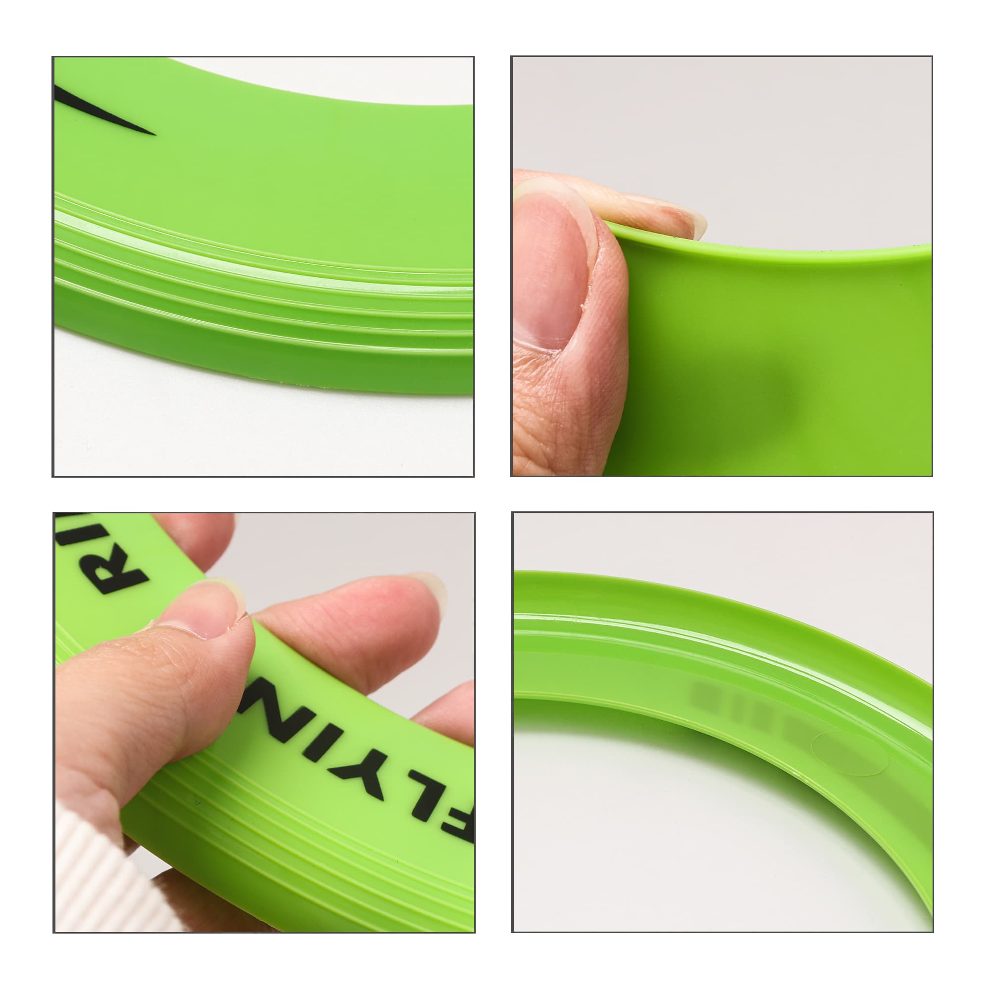 A green donut-shaped flyer with a smooth surface, held in a person's hand, featuring a logo.