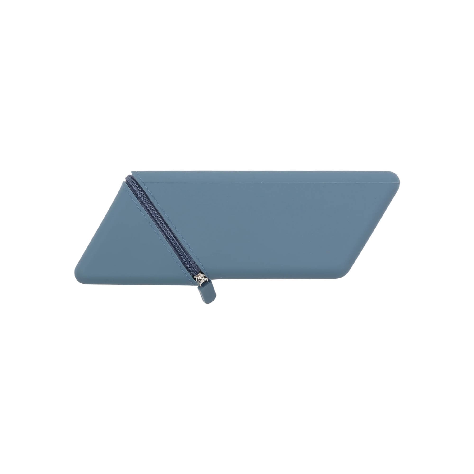 A blue silicone pen holder with a zippered closure, featuring a modern, angular design and a logo.
