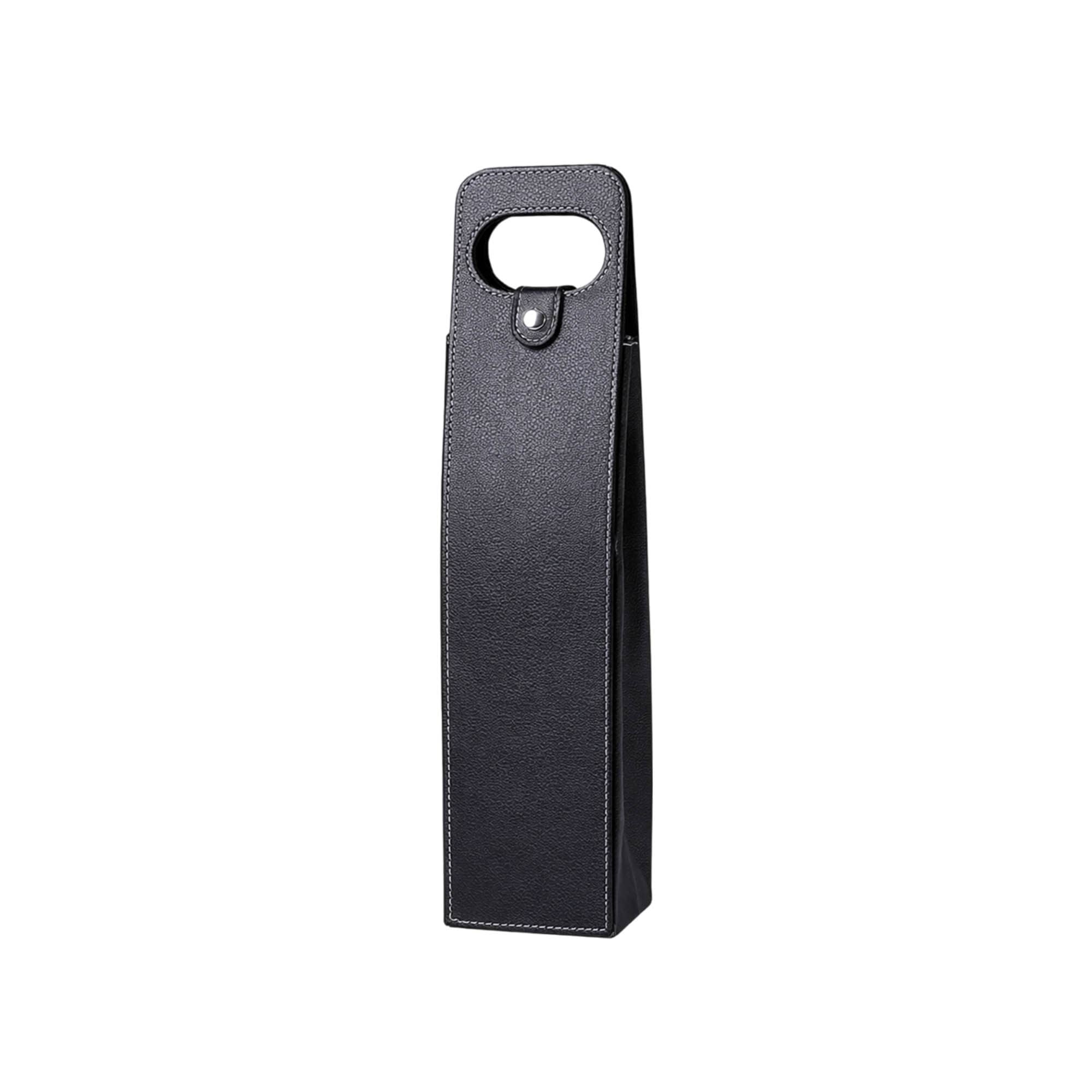 A drink bottle bag in black leather with a handle and stitching details, featuring a logo.