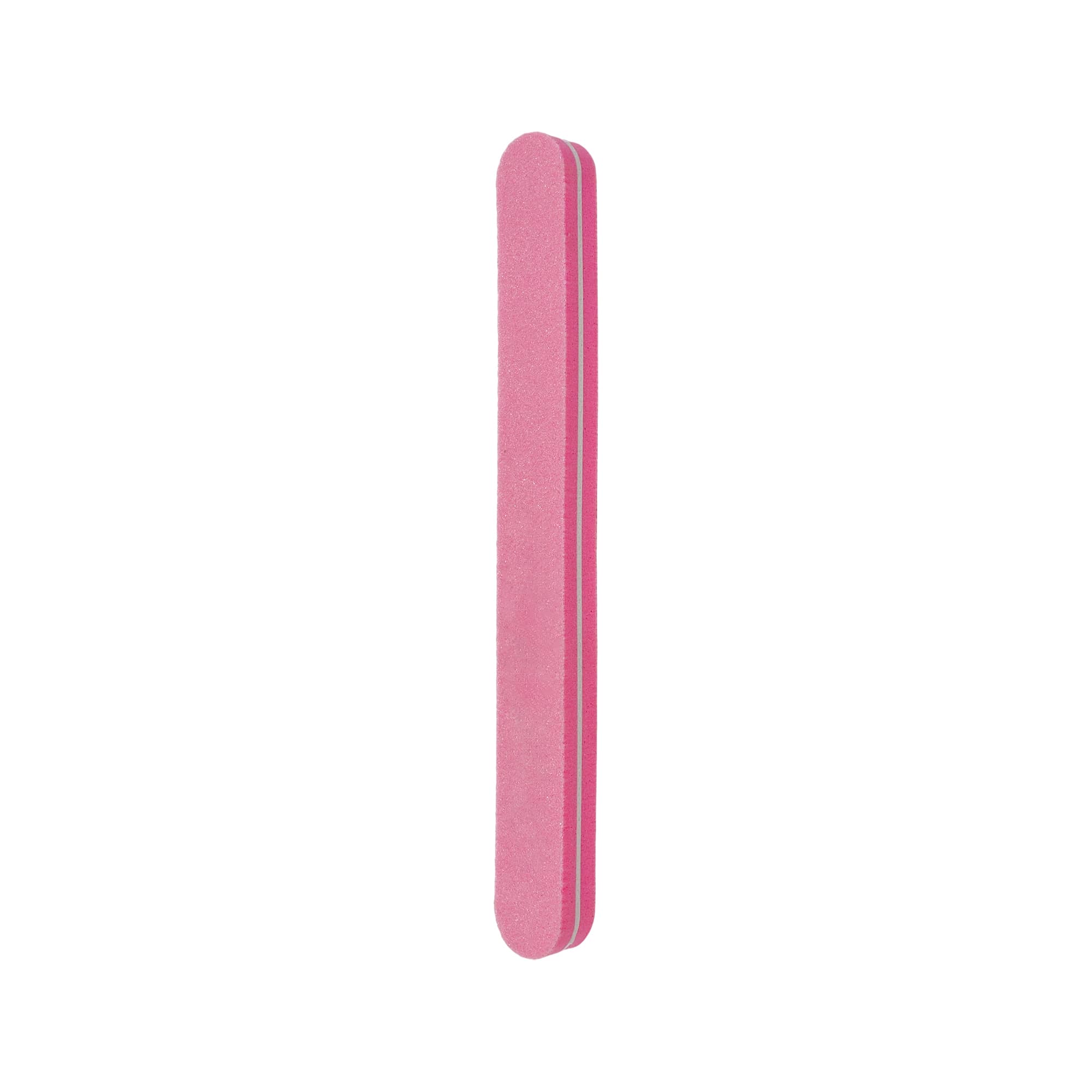 A pink sponge straight shape nail file with stripes, featuring a branding logo.