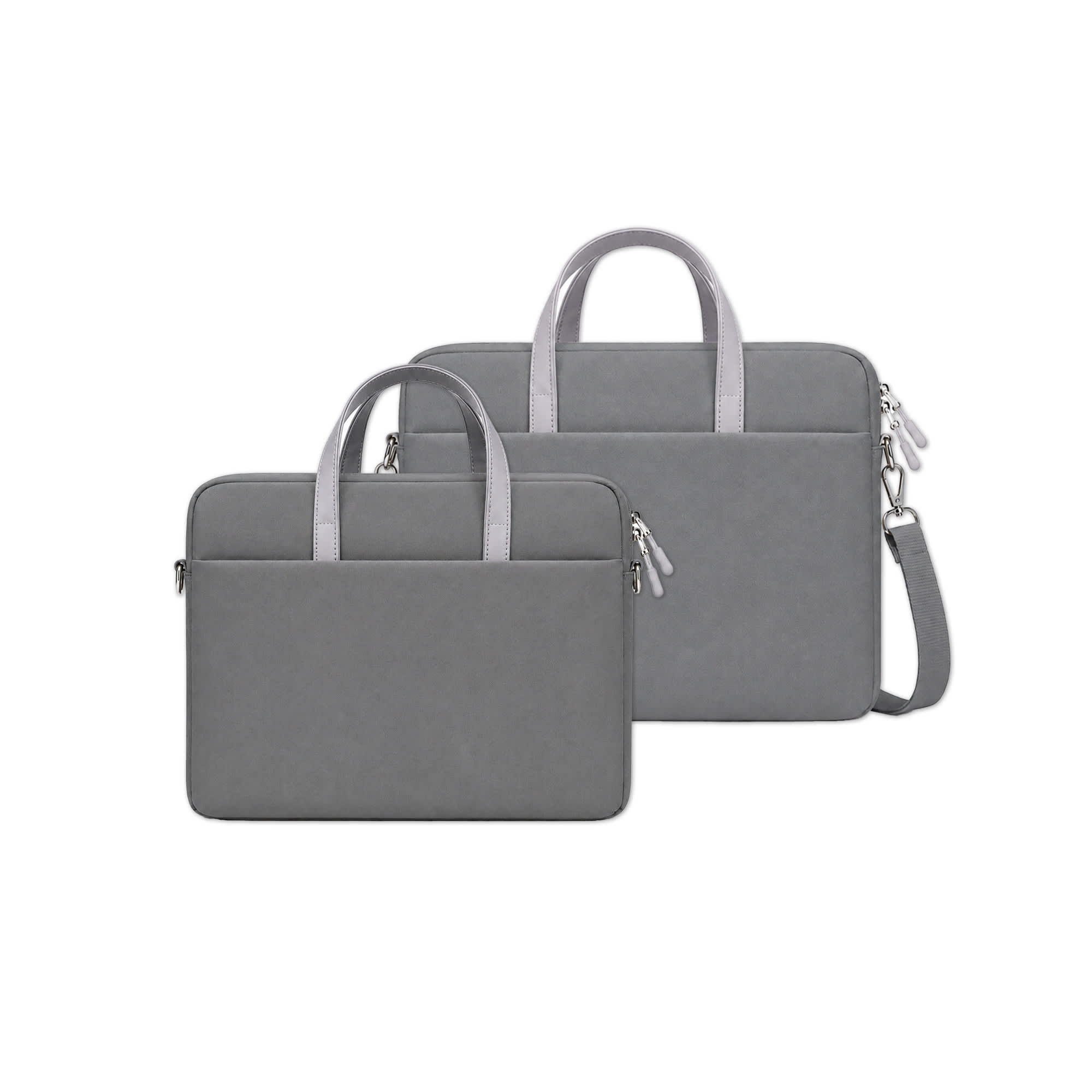 A grey laptop bag with dual handles and a detachable strap, featuring a sleek design and a logo.