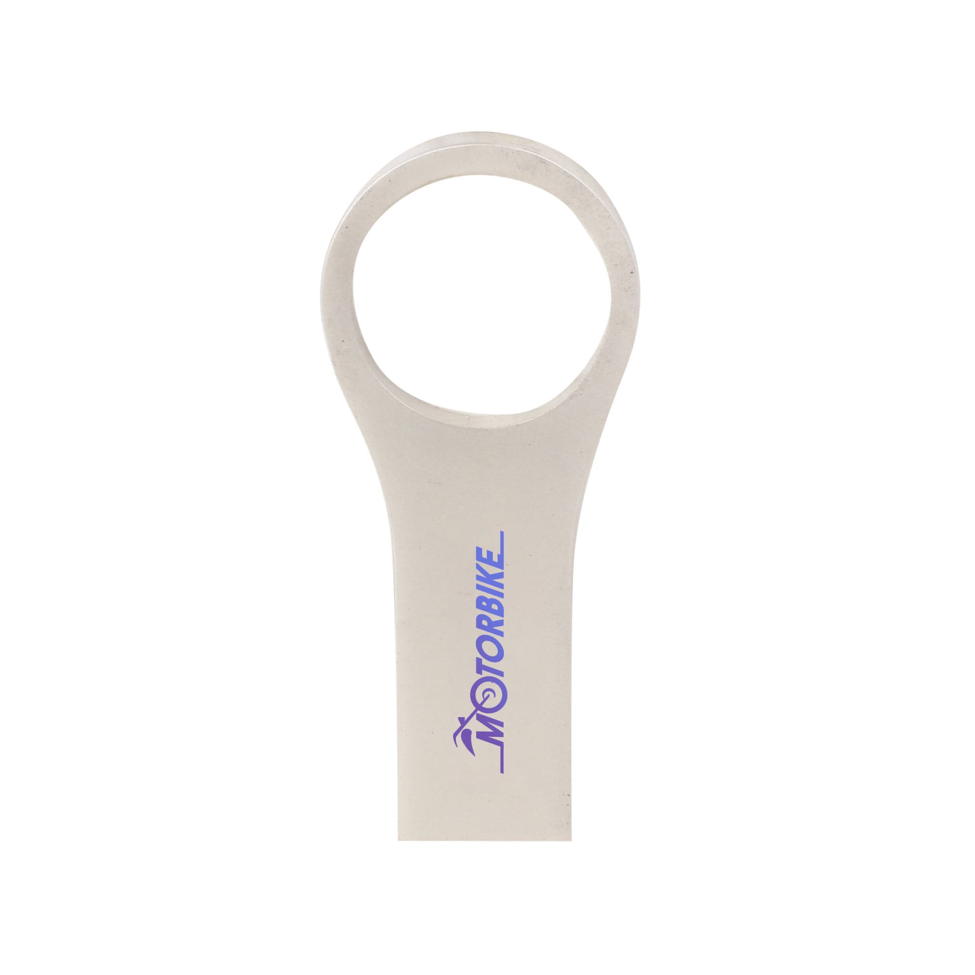 A silver USB flash drive with a circular loop and branding on its side.