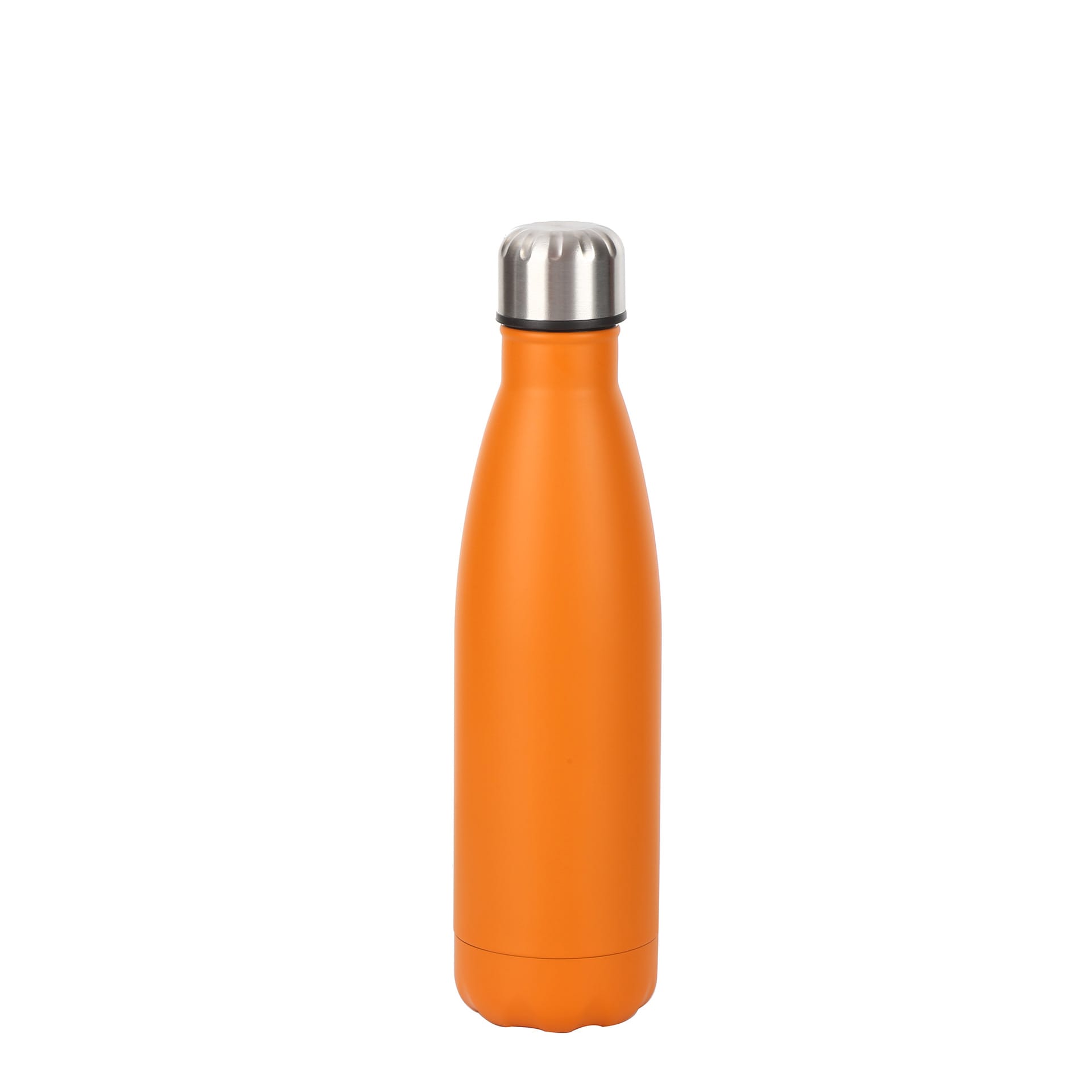 A drink bottle in vibrant orange, featuring a stainless steel lid and a sleek double wall design.
