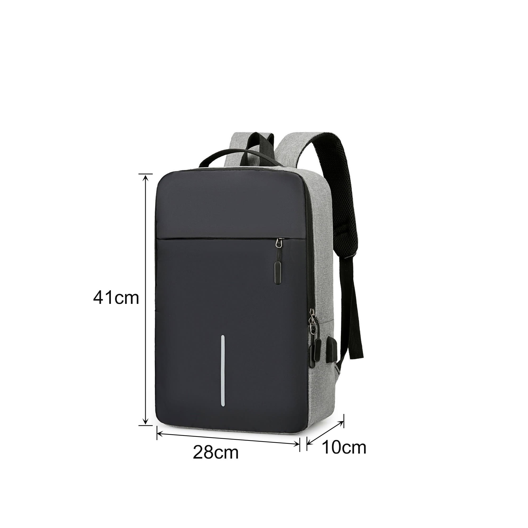 A grey and black laptop backpack with multiple compartments and USB charging capability, featuring a logo.