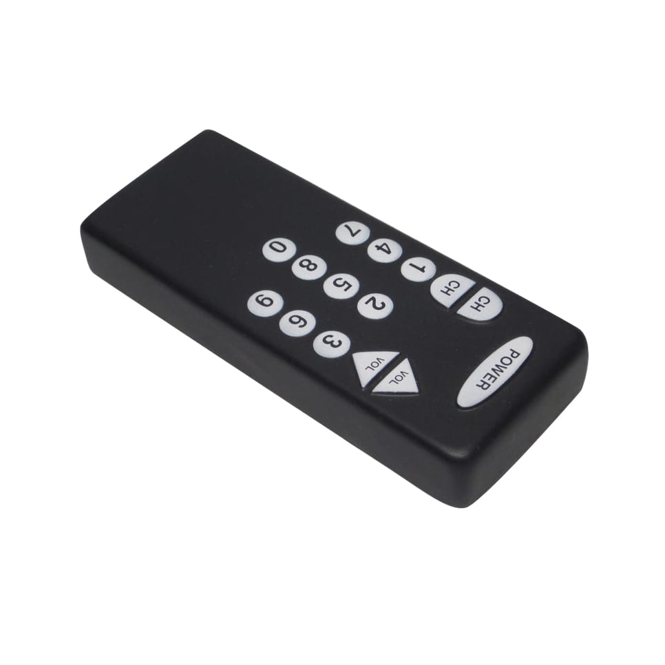 A black remote control-shaped stress reliever with white buttons and a logo on its surface.
