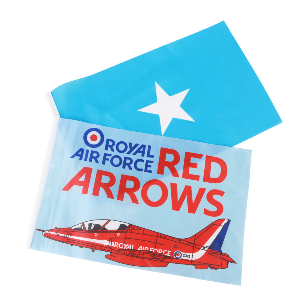 A rectangular cheering flag with a blue background, featuring a white star and red text. Includes a logo.