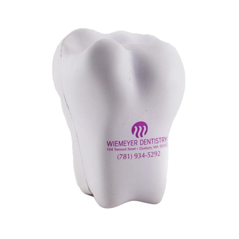 A white tooth-shaped stress reliever with a logo, featuring smooth, rounded edges.
