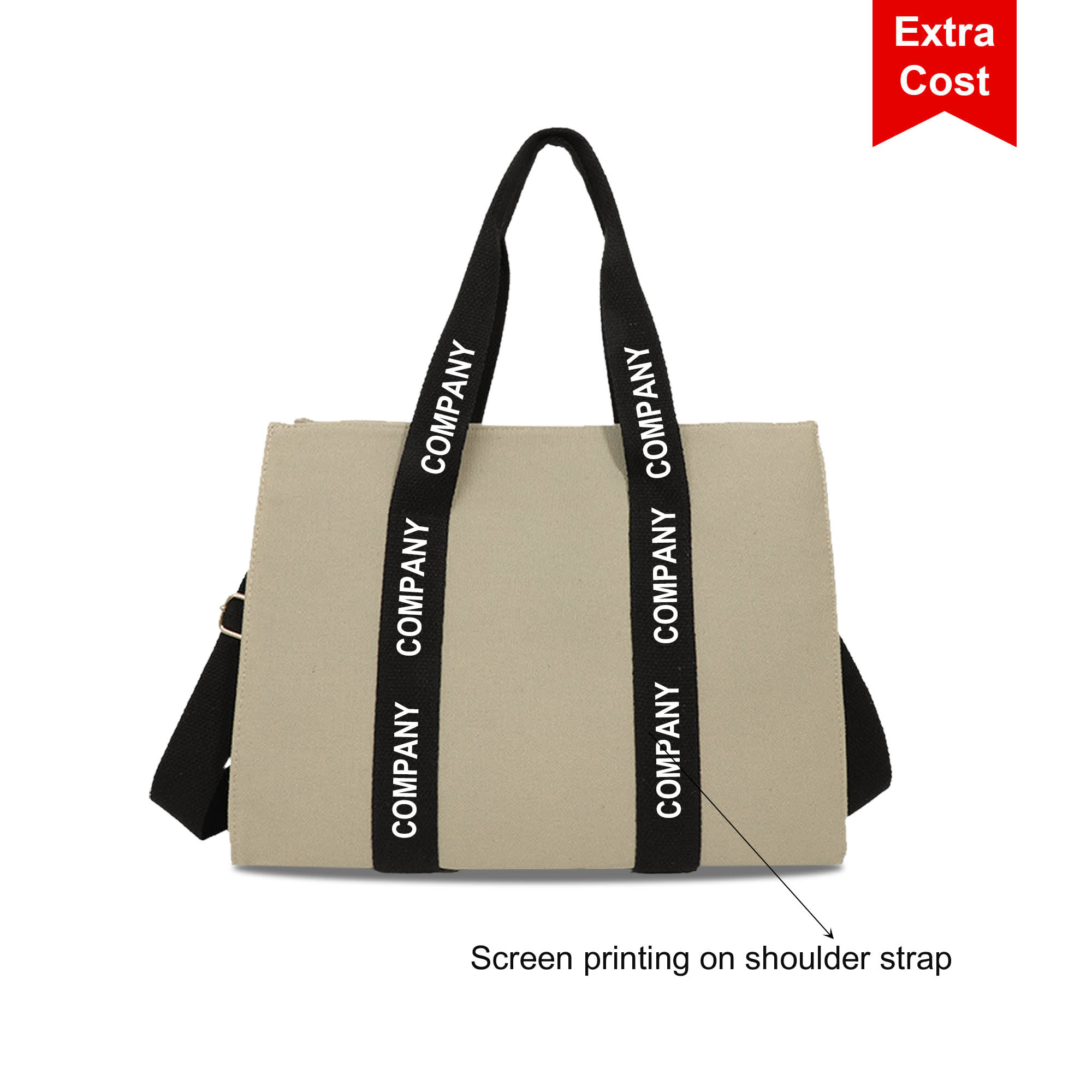 A beige canvas grocery shopping bag featuring black shoulder straps with screen printing and a logo.
