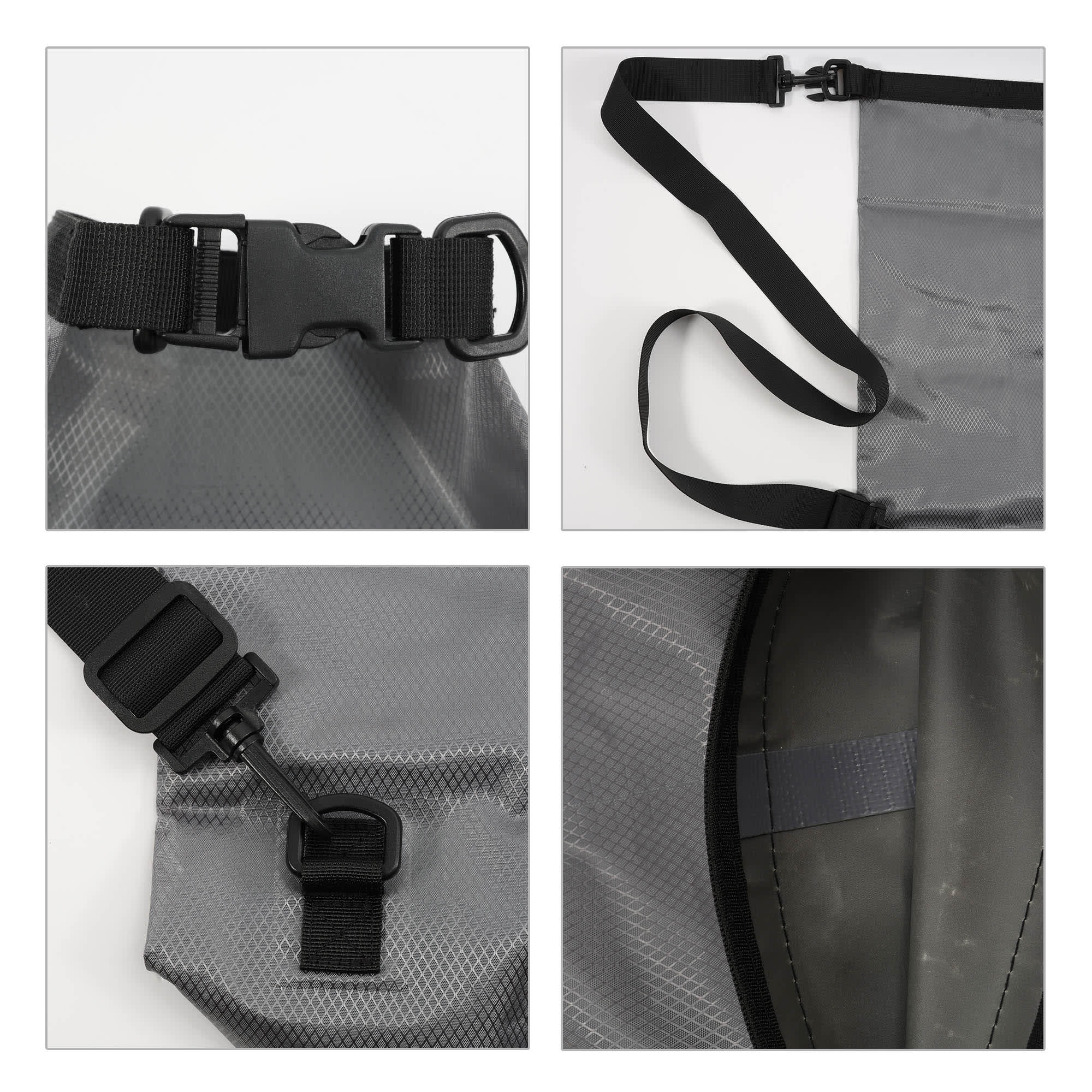 A grey Oxford cloth dry bag featuring adjustable straps and buckles, showcasing its durable material and design details.