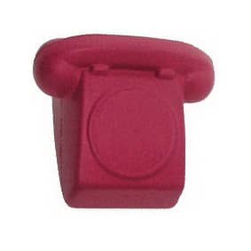 A pink classic phone-shaped stress reliever with a rounded handset and square body, featuring a logo on the side.