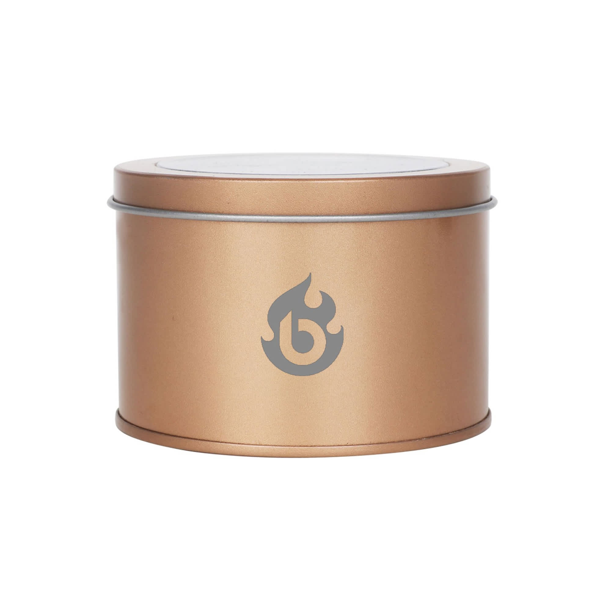 A gold tin can with a transparent window and a logo on the front, featuring a smooth, curved design.