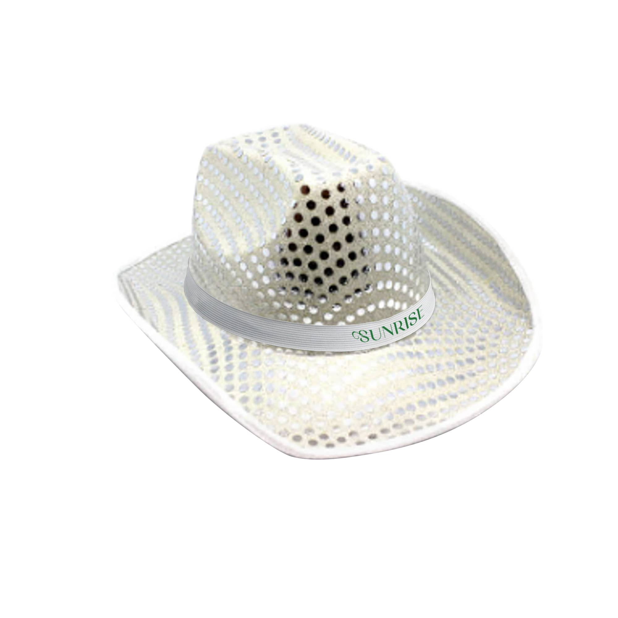 A white sequin cowboy hat with intricate designs and a decorative band, featuring a logo.