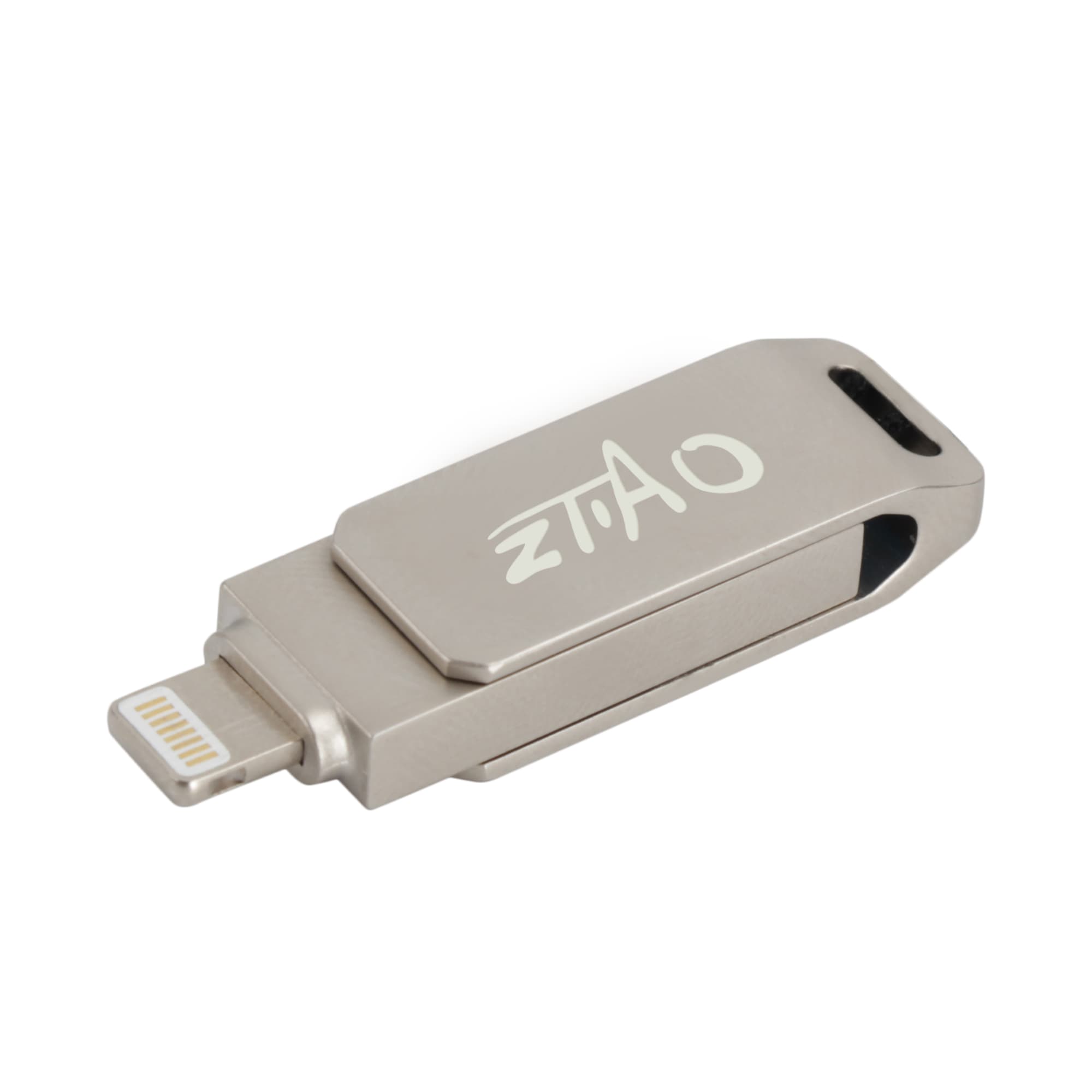 A silver swivel flash drive with a Lightning connector, featuring a branding logo.