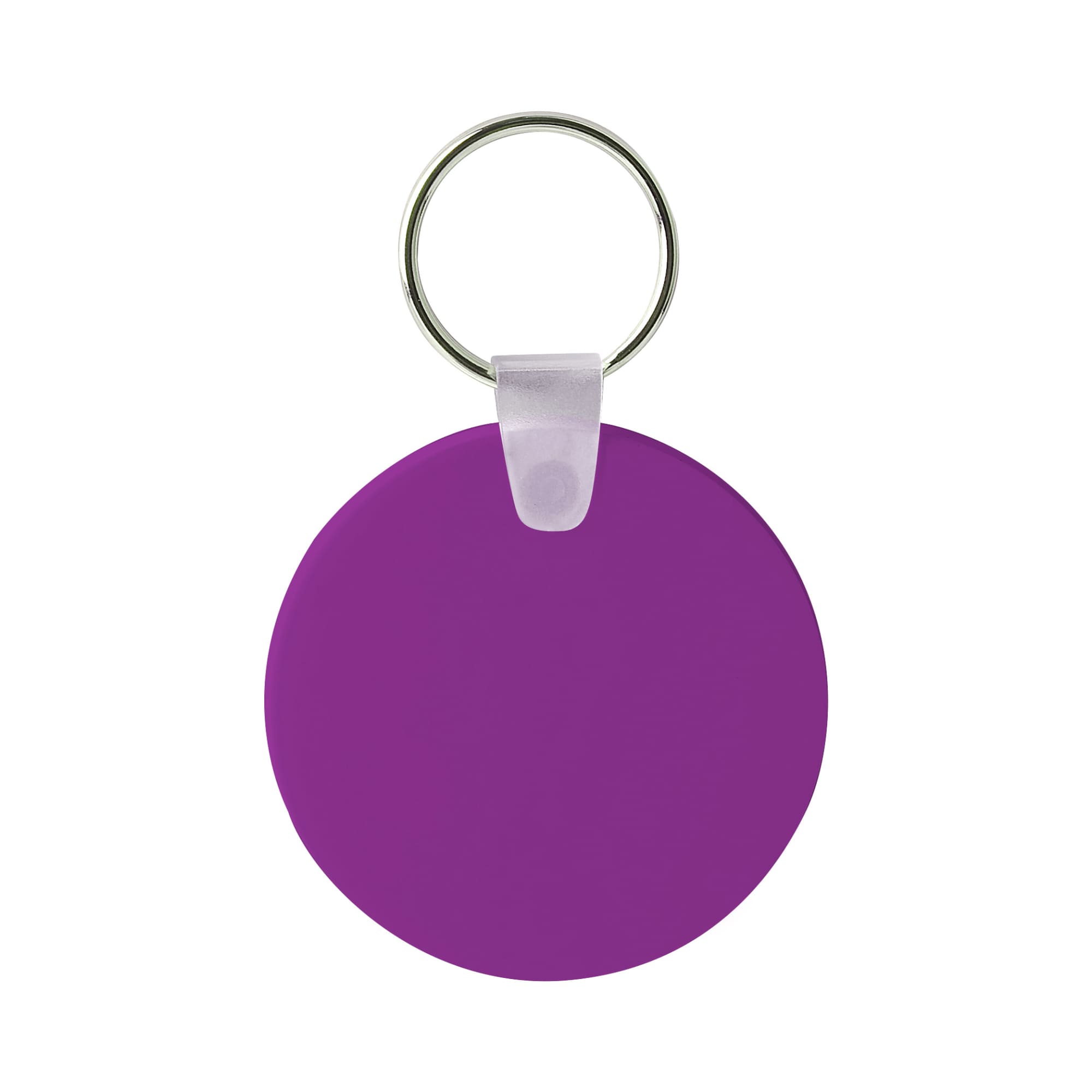 A round, purple keyring with a silver metal ring for attachment. The surface is smooth and solid.