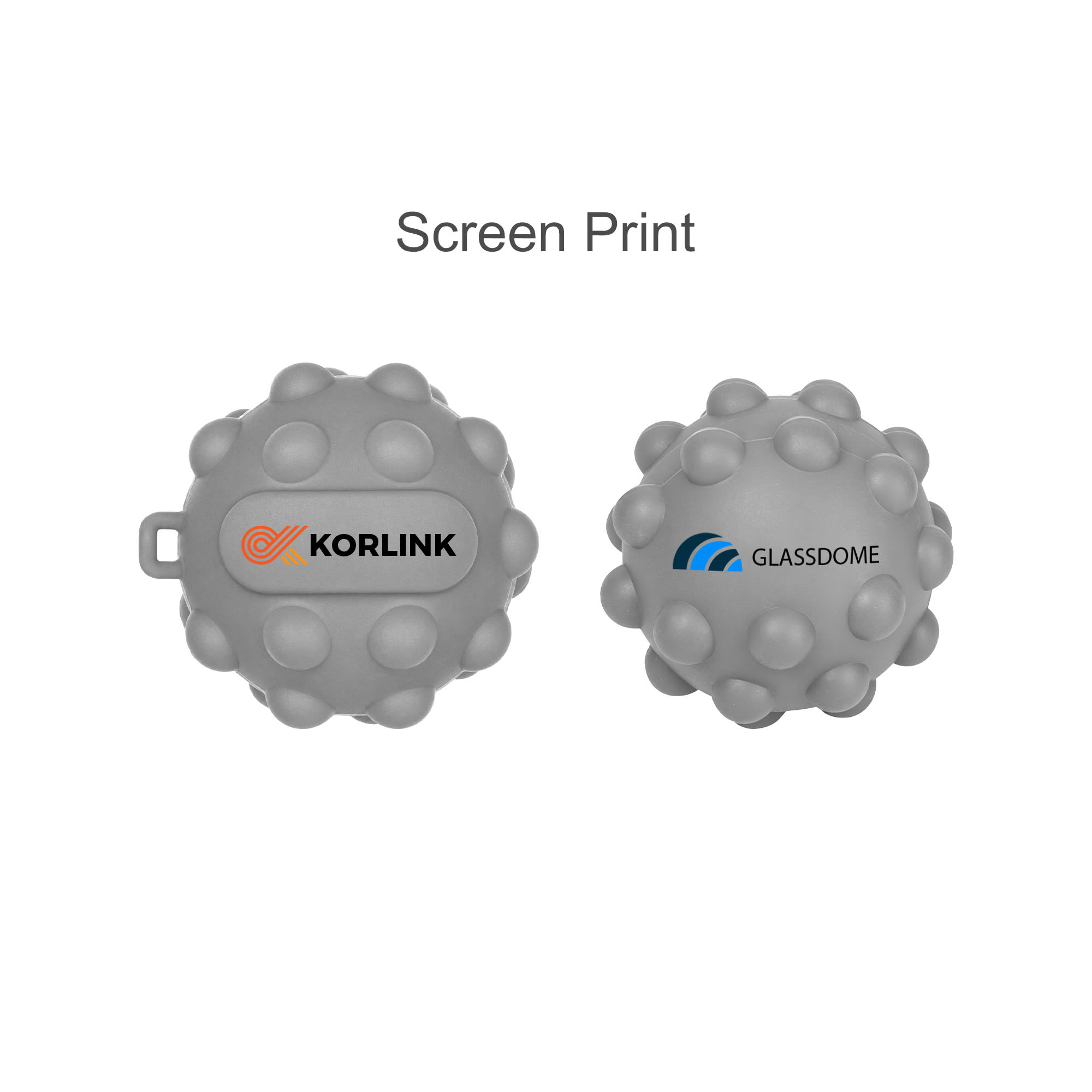 A grey Popper Ball with a textured surface and two logos, one on each side.