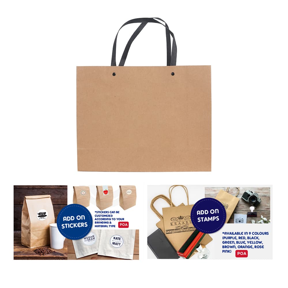A medium brown paper bag with knitted black handles and a logo on its surface, featuring images of other bag styles and colours.