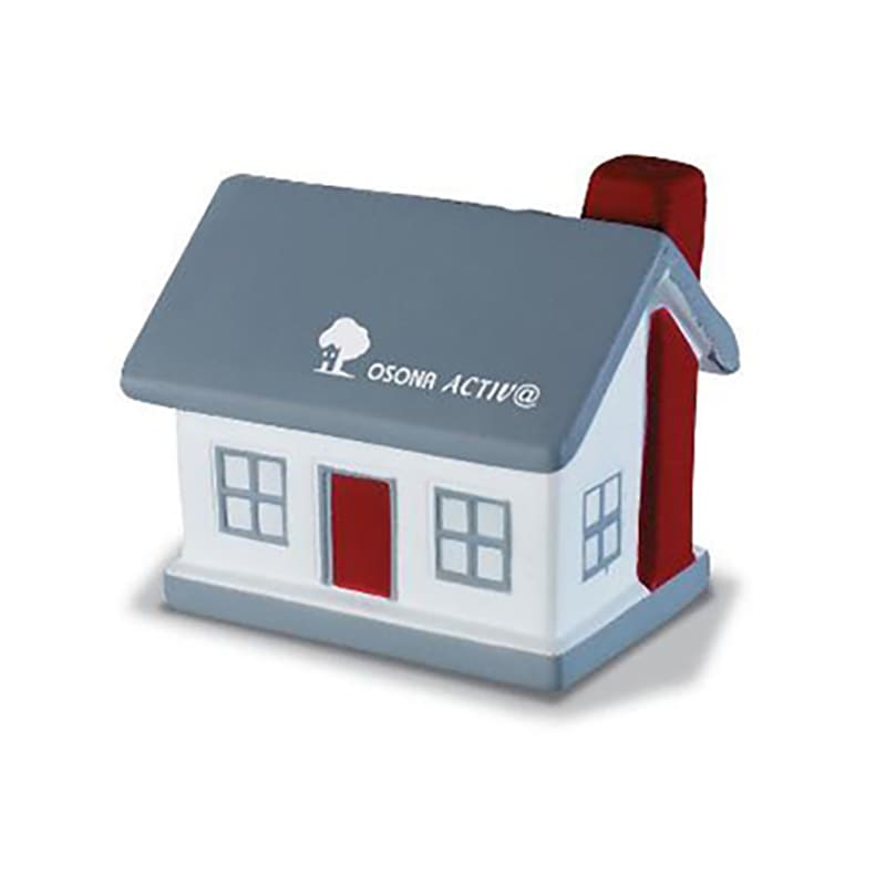 A house-shaped stress reliever in grey, white, and red, featuring a chimney and windows. Branding is present.