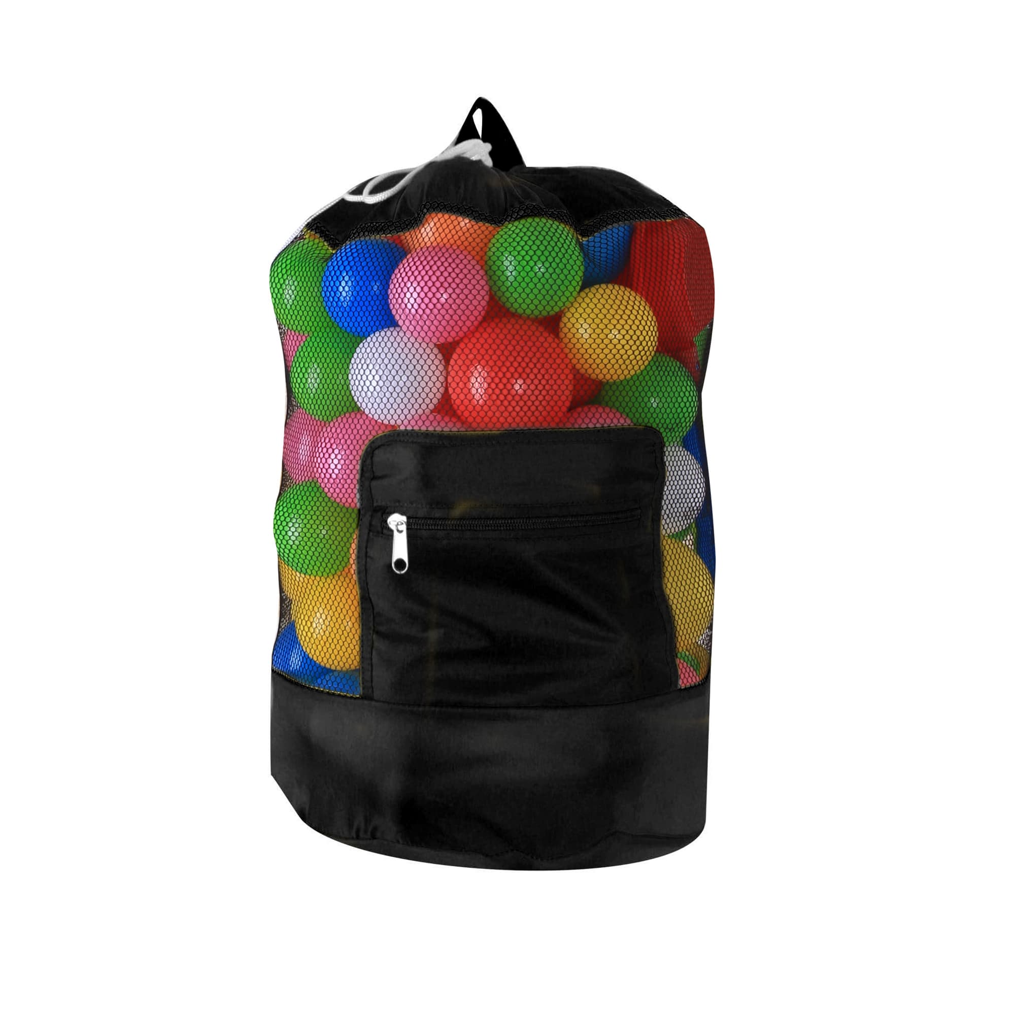 A foldable mesh drawstring backpack featuring a black bottom and a mesh top filled with colourful balls.