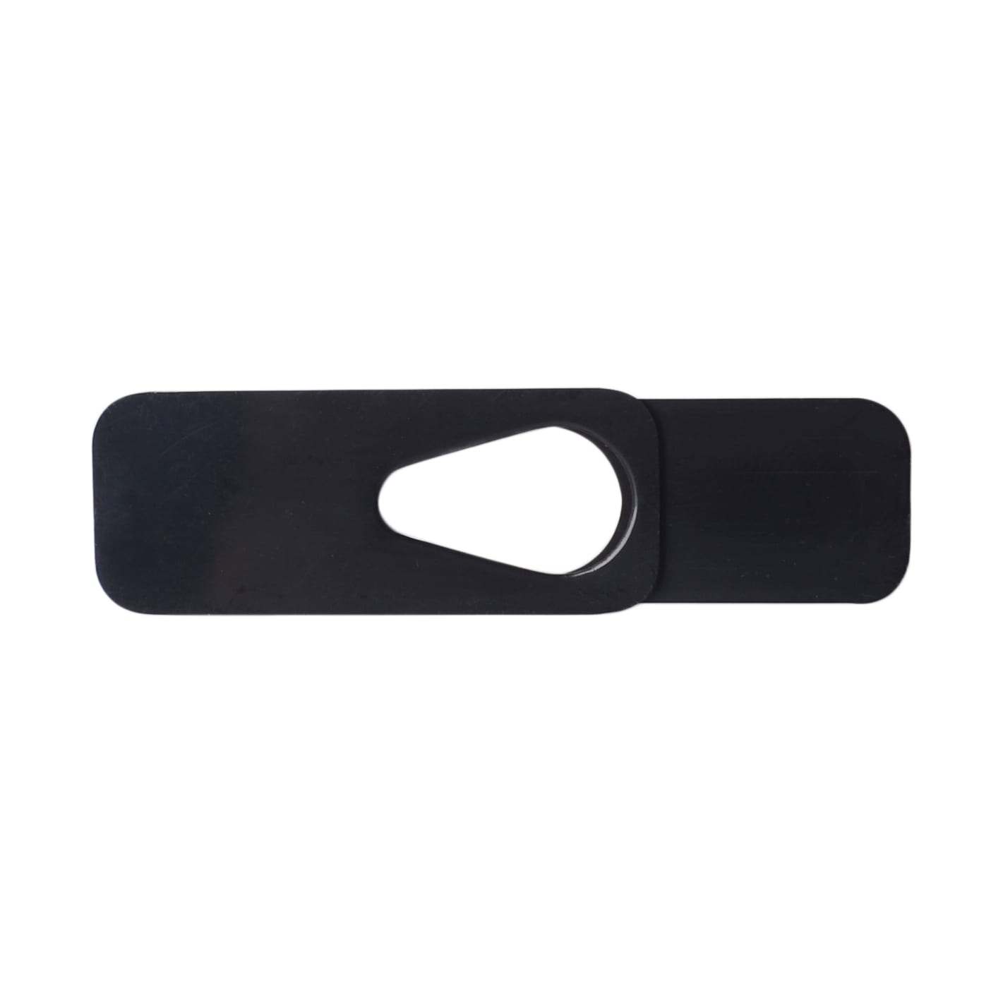 A black smart webcam cover with an oval cutout, designed to protect privacy while using a webcam.