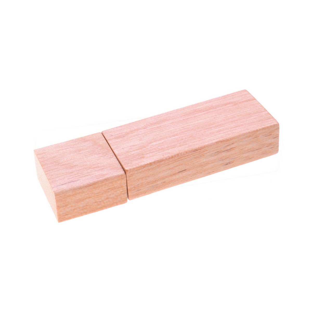 A rectangular wooden flash drive in a light wood finish, featuring a simple design with a branding logo.