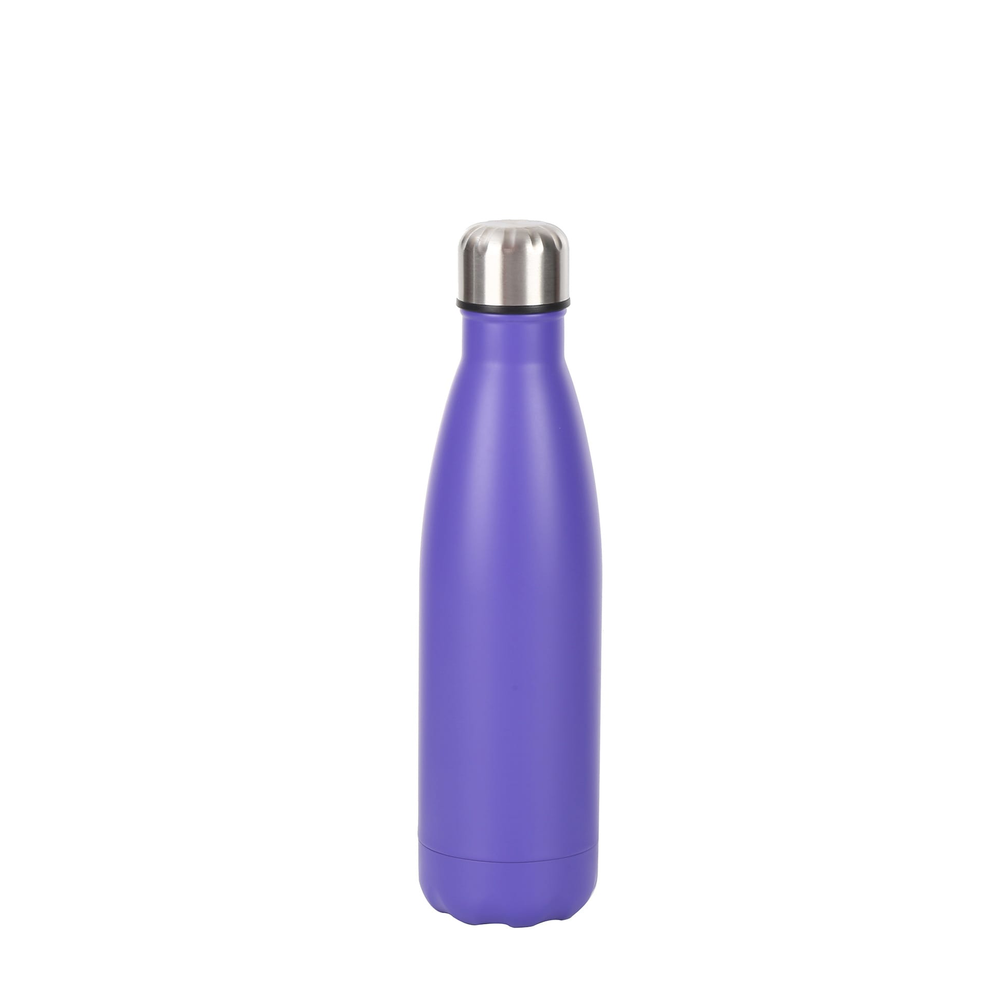 A drink bottle in a vibrant purple colour with a stainless steel cap and a sleek double wall design.