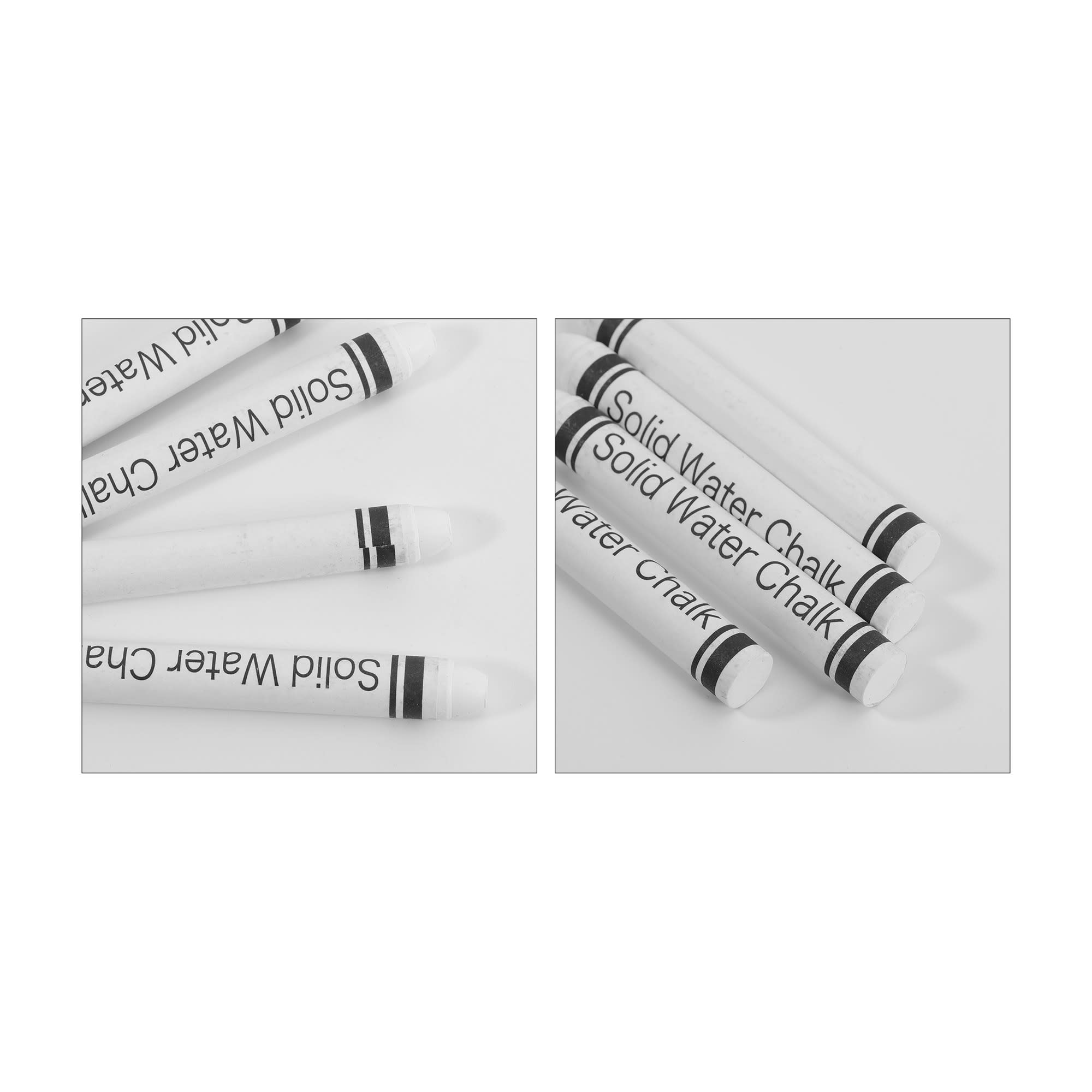A set of white chalk sticks with black bands, featuring various labels, arranged neatly on a light background.