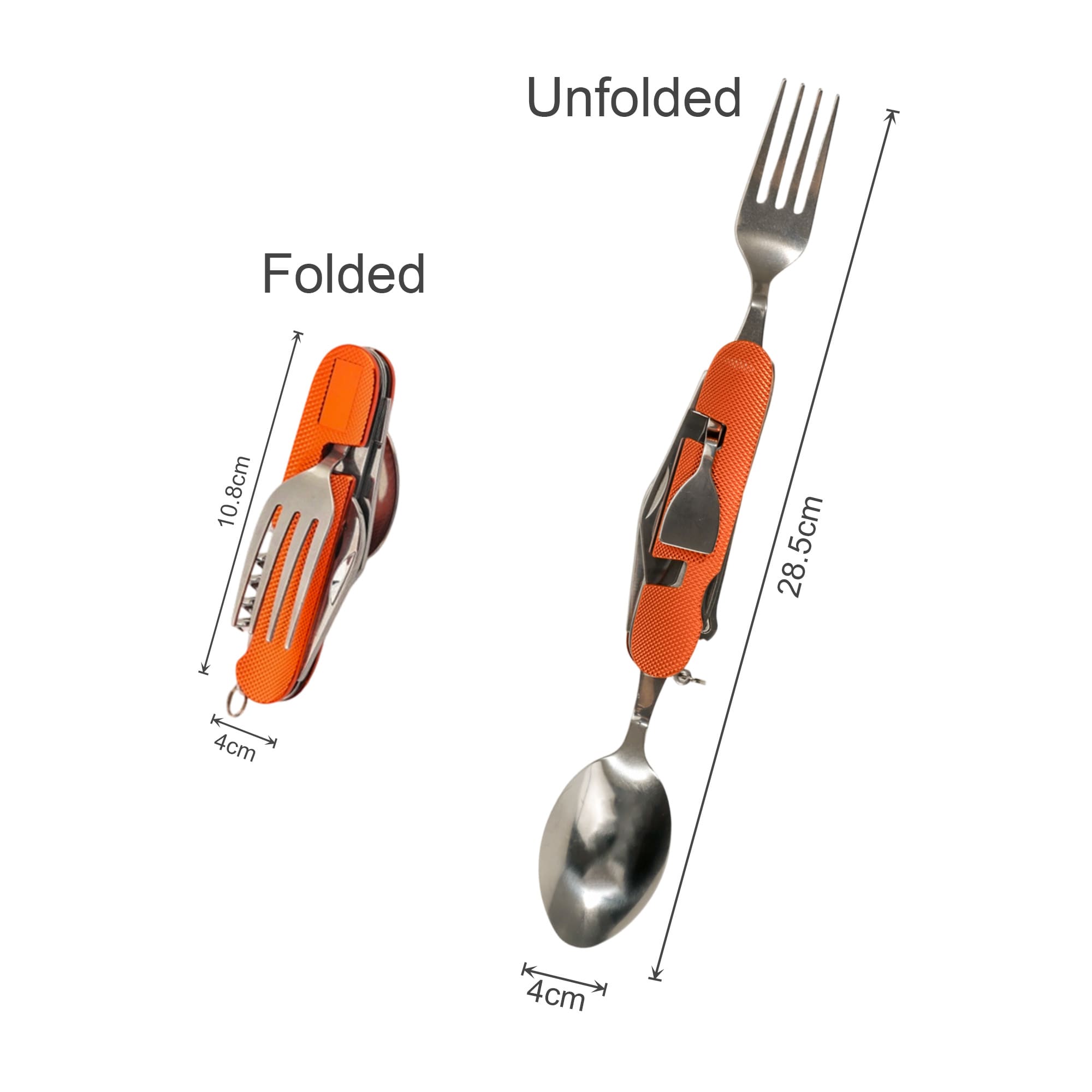 A multi-function camping flatware utensil in orange, featuring a fork, spoon, and additional tools, both folded and unfolded.