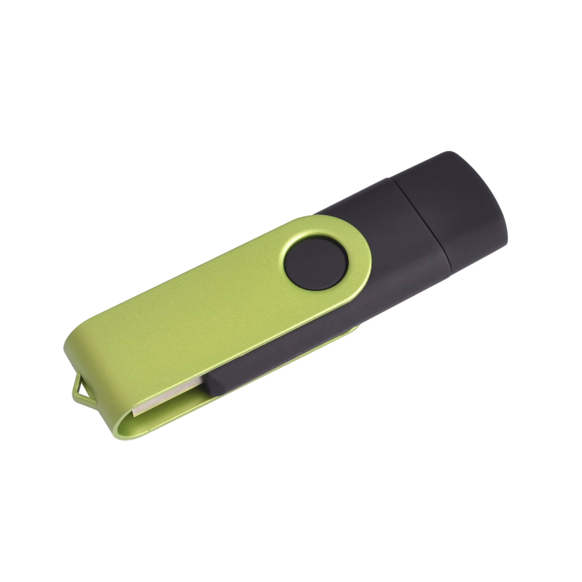 A double-end Belton micro USB flash drive in green and black, featuring a clip design and a branding logo.