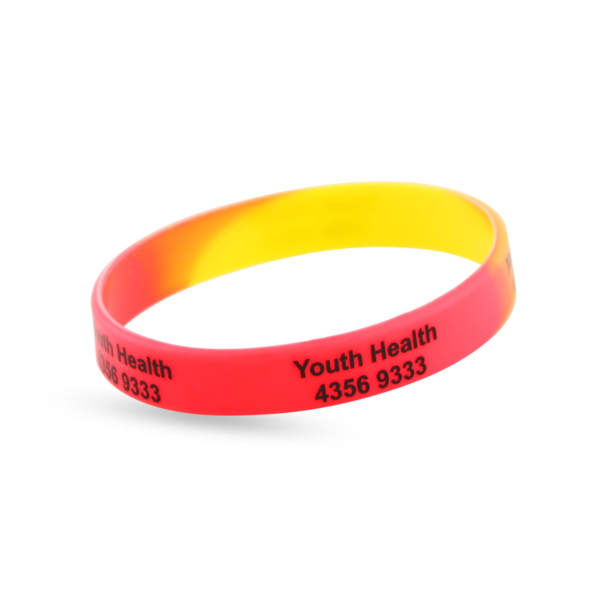 A colourful silicon wristband with a red and yellow gradient, featuring a logo and text.