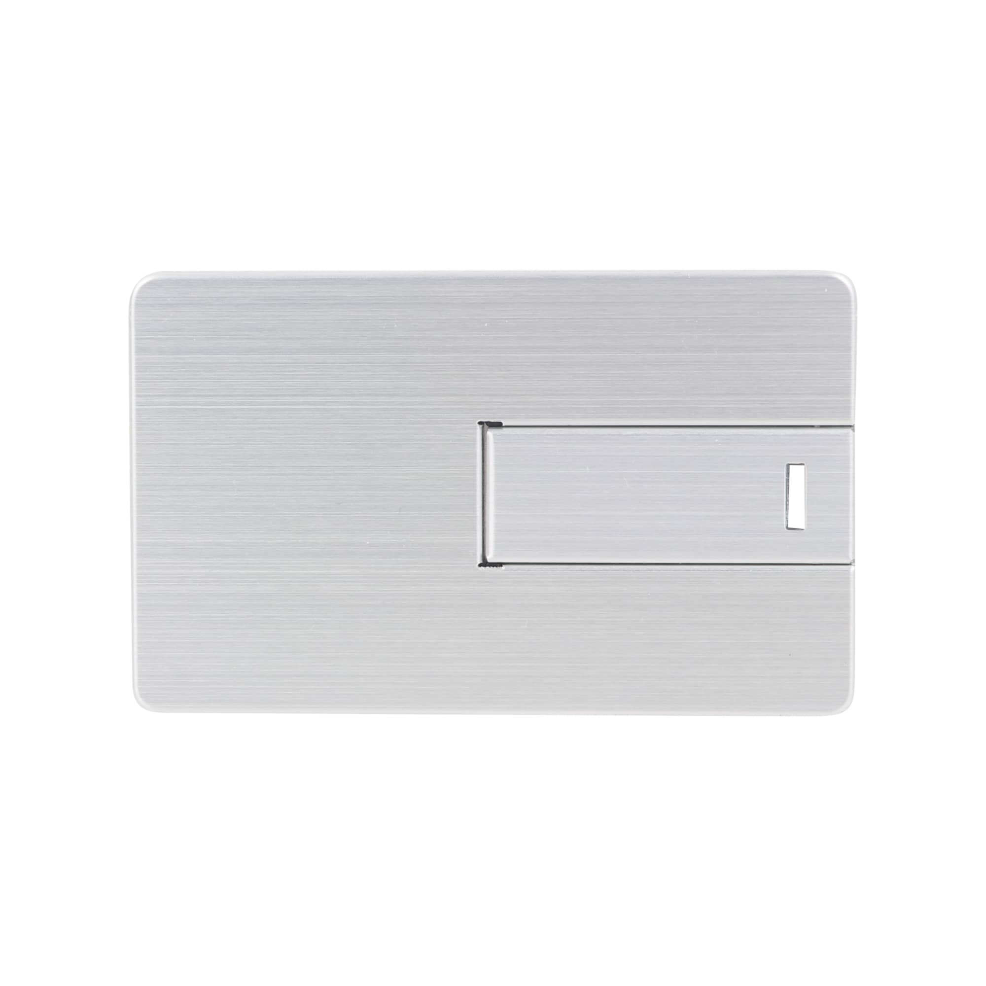 A small, silver alloy card-shaped flash drive with a sliding mechanism. It features a brushed metallic finish.