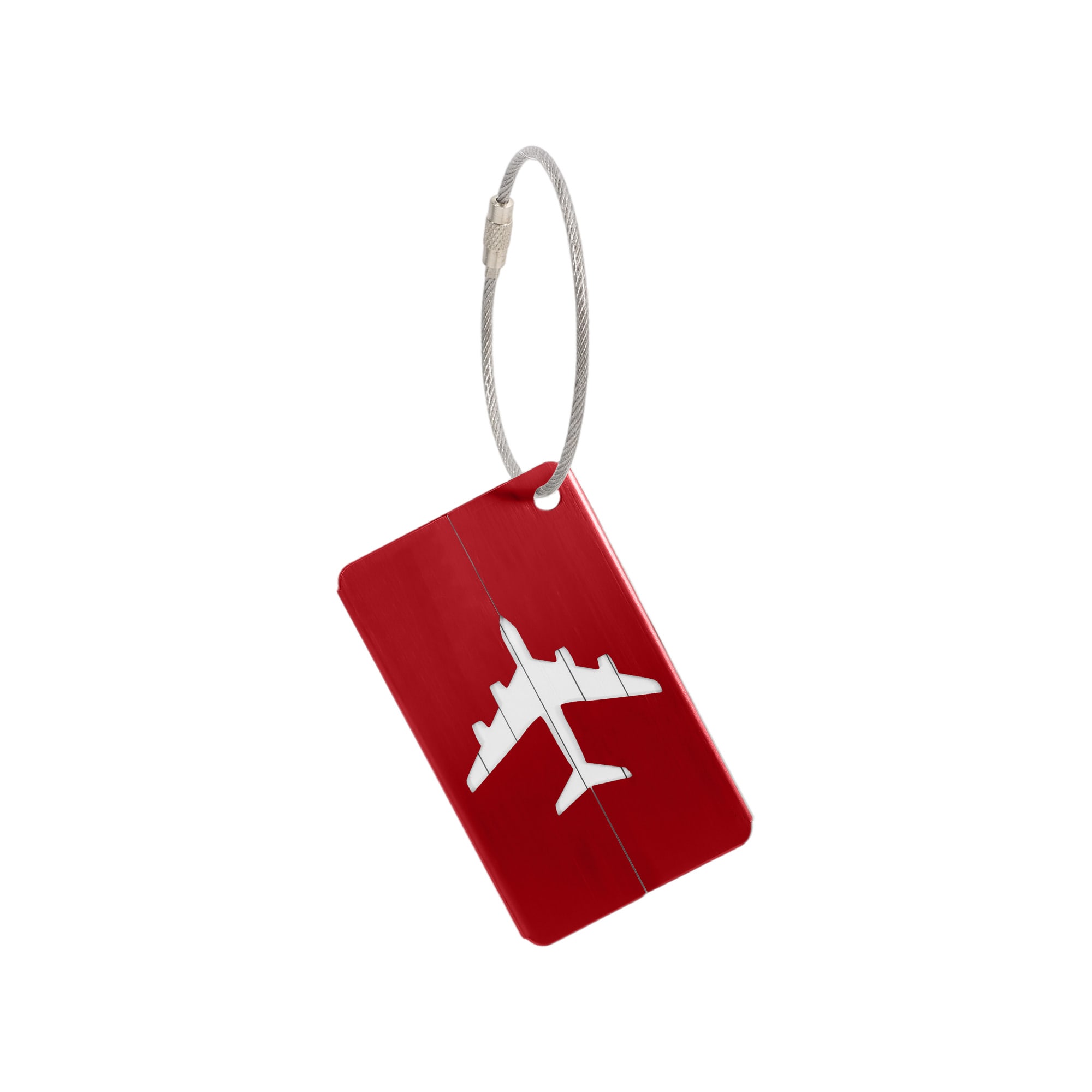 A red luggage tag featuring a white airplane design and a metal attachment cable.