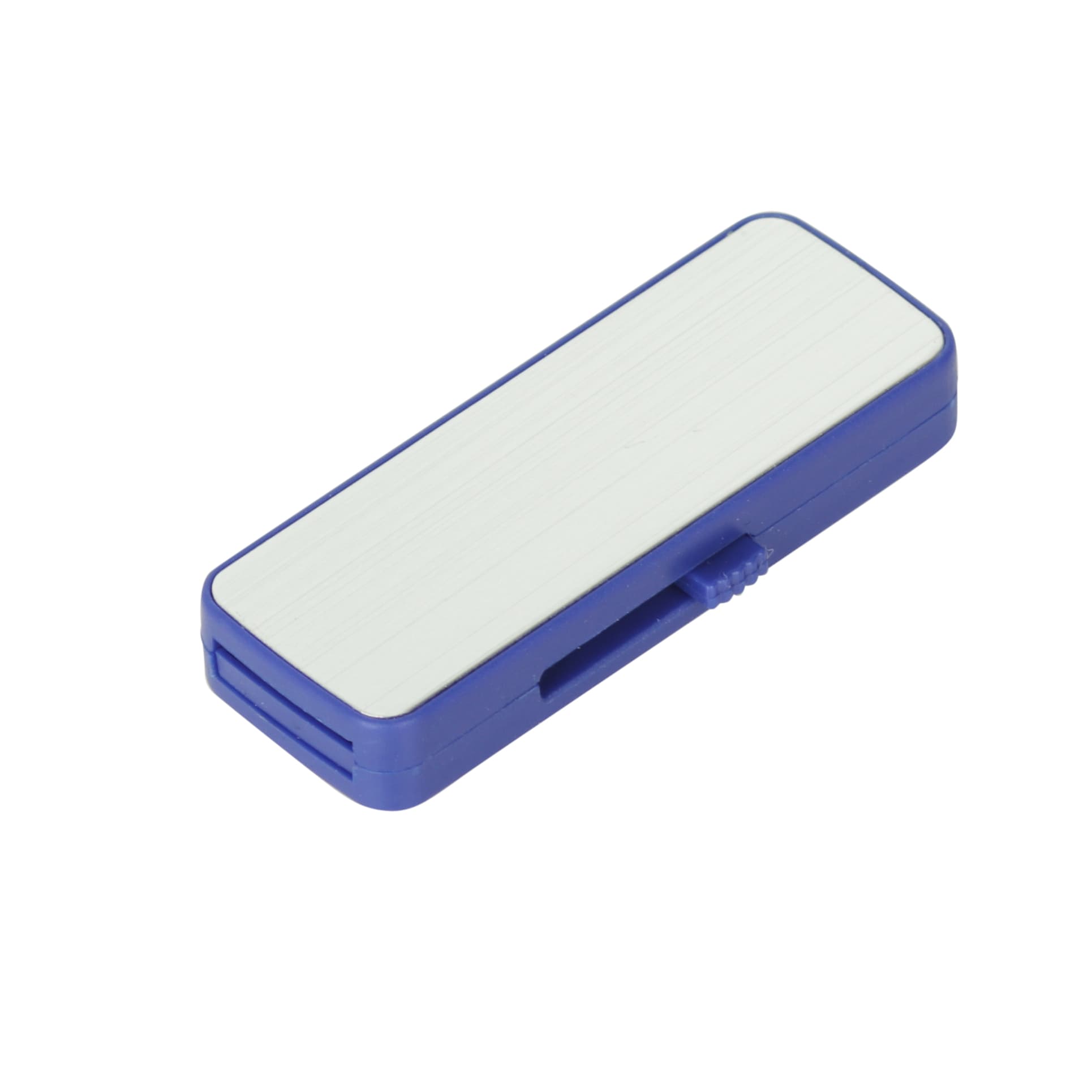 A blue and white sliding flash drive with a textured top and a small slider mechanism on the side.