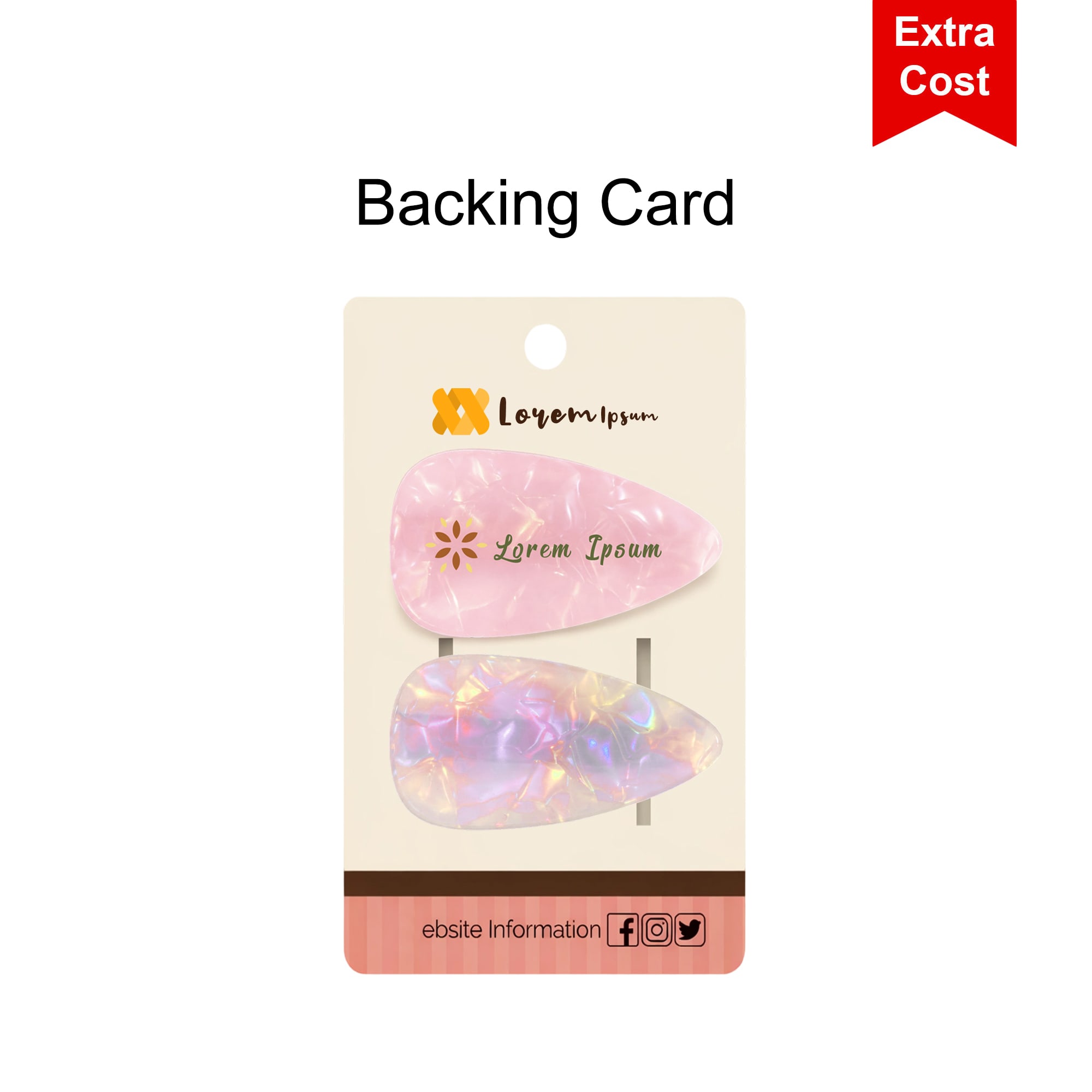 A backing card featuring two hair clips in iridescent hues, including a pink and a translucent option.