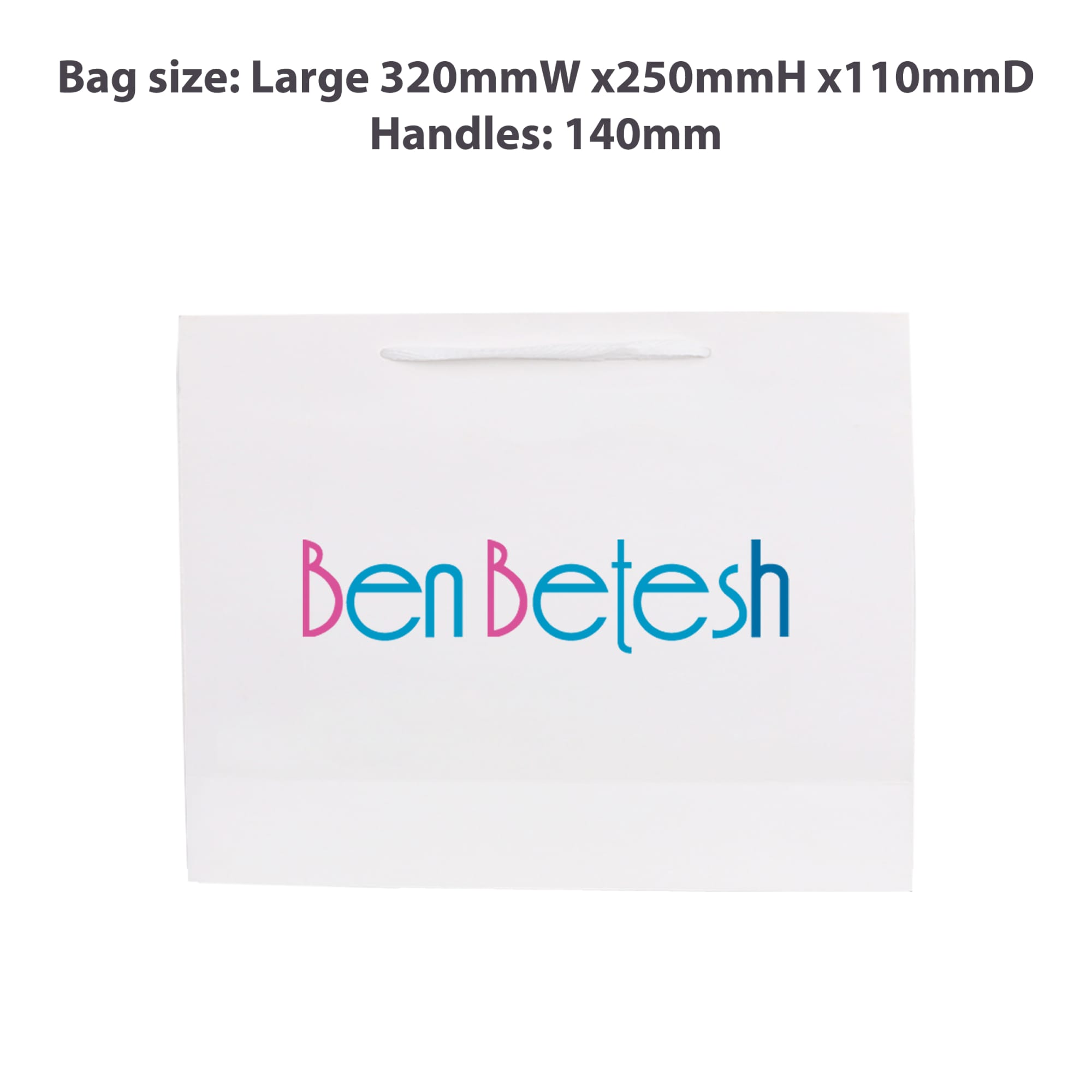 A large white paper bag with fabric flat handles and a logo printed on the front.