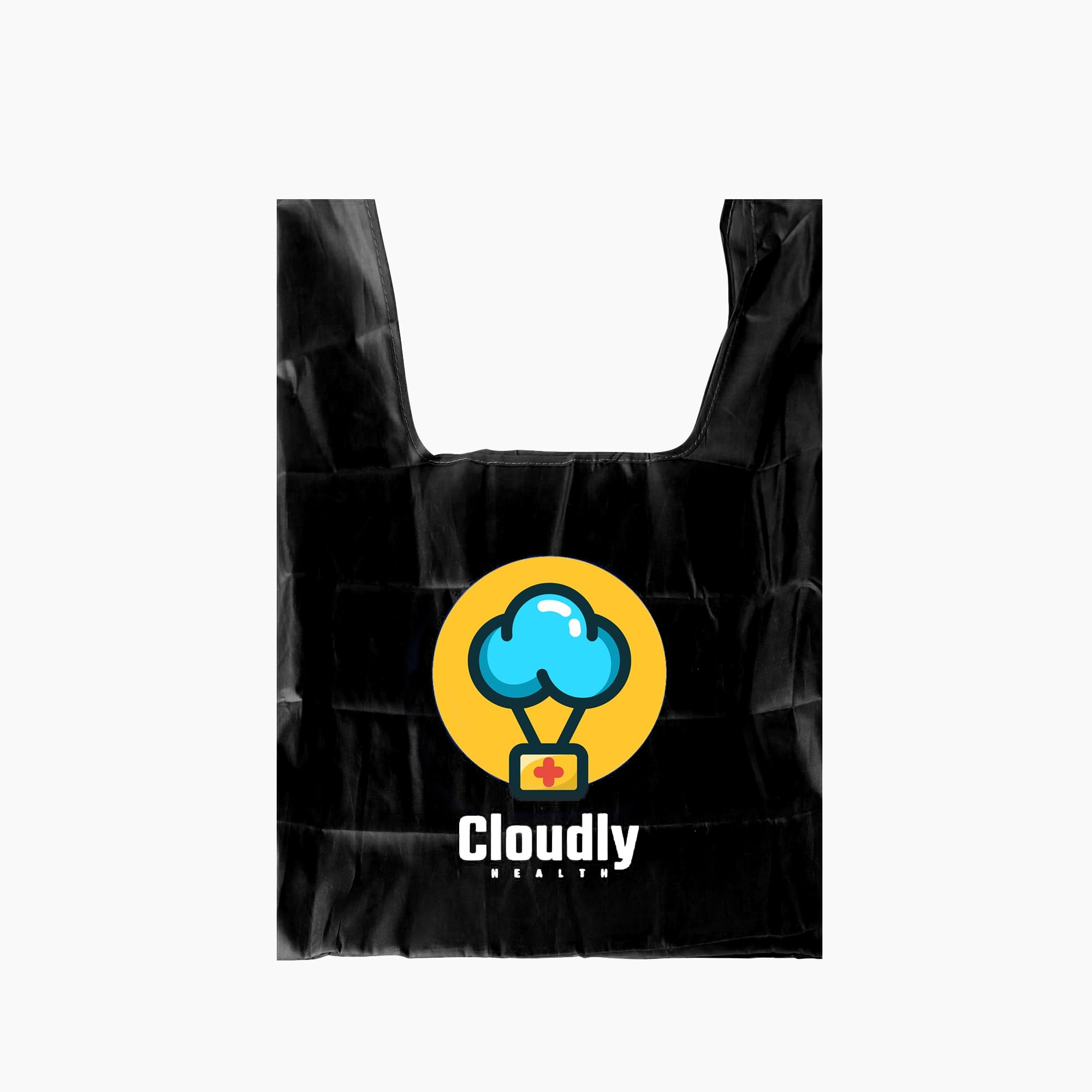A black reusable foldaway shopping bag featuring a circular logo with a cloud design and a branding name.
