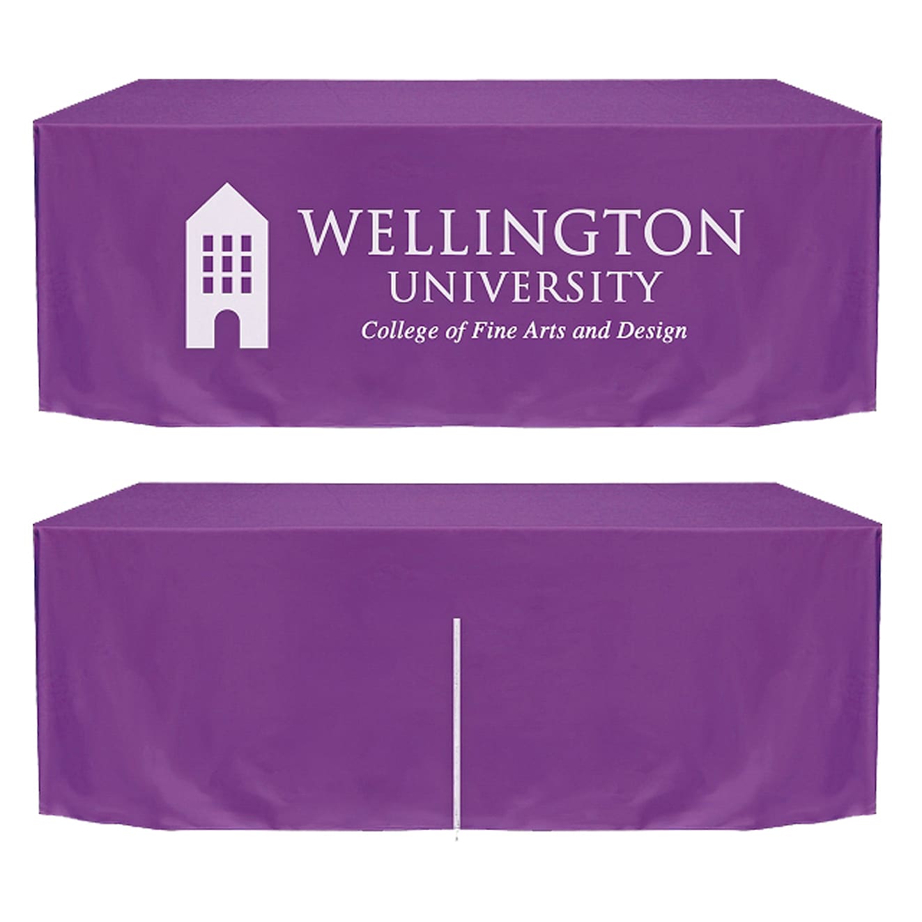 A purple fitted tablecloth with a zipper back, featuring a logo.