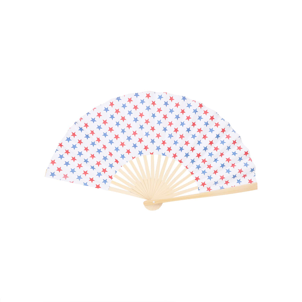 A foldable fan with a pattern of red and blue stars on a white background, featuring a natural wooden handle.