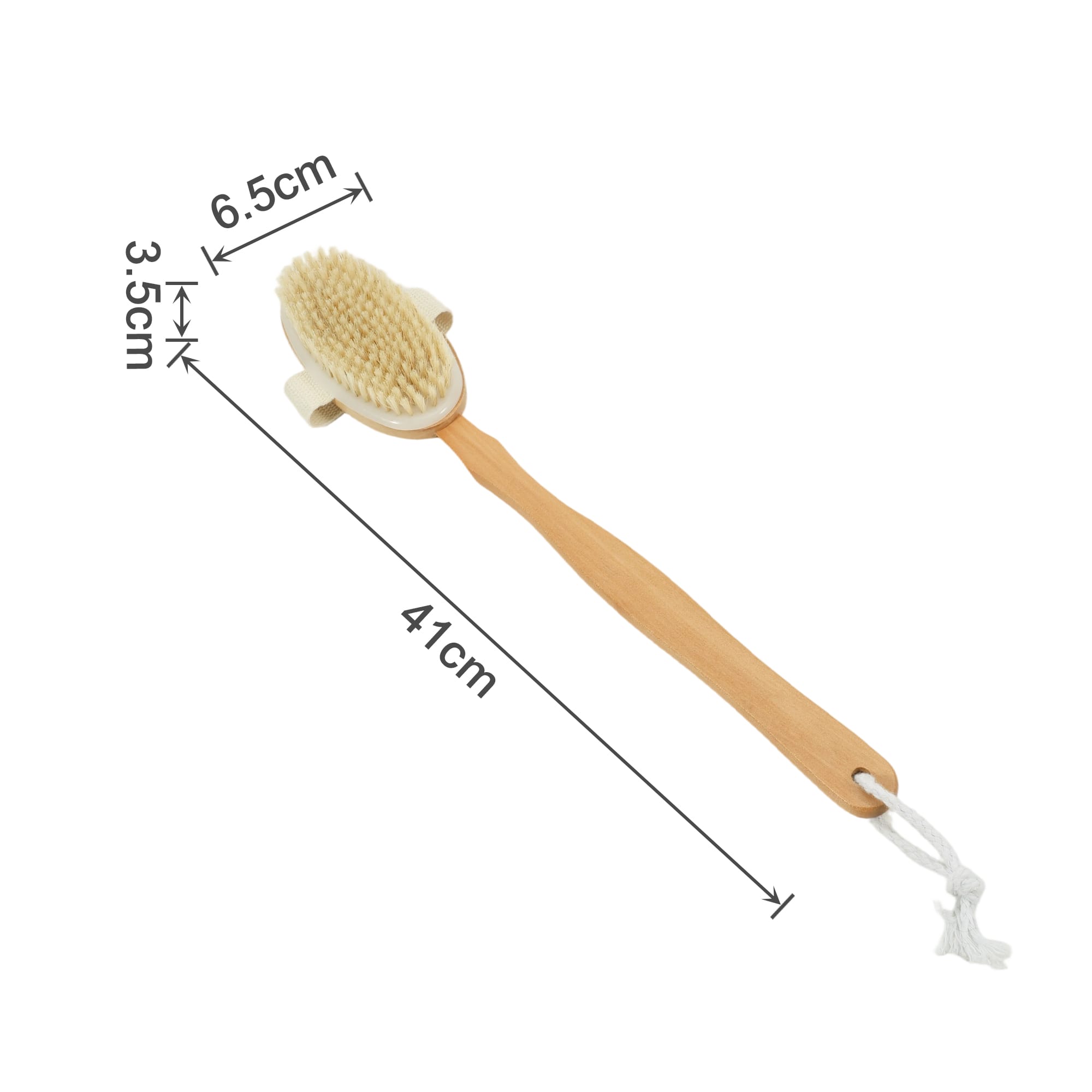 A long-handled shower brush with a natural wood handle and a detachable head, featuring white bristles.