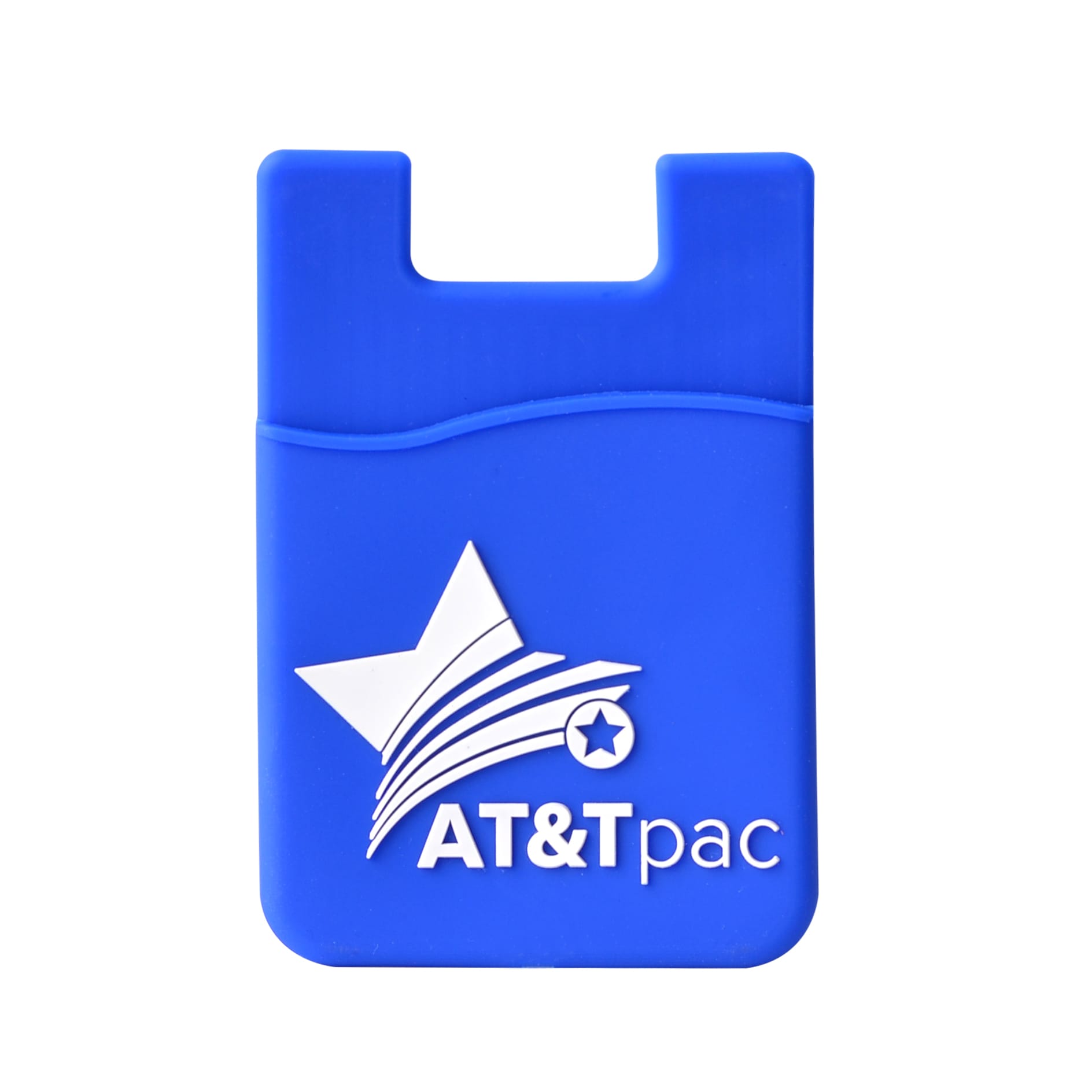 A blue moulded smart wallet featuring a logo on the front, designed for holding a phone and cards.