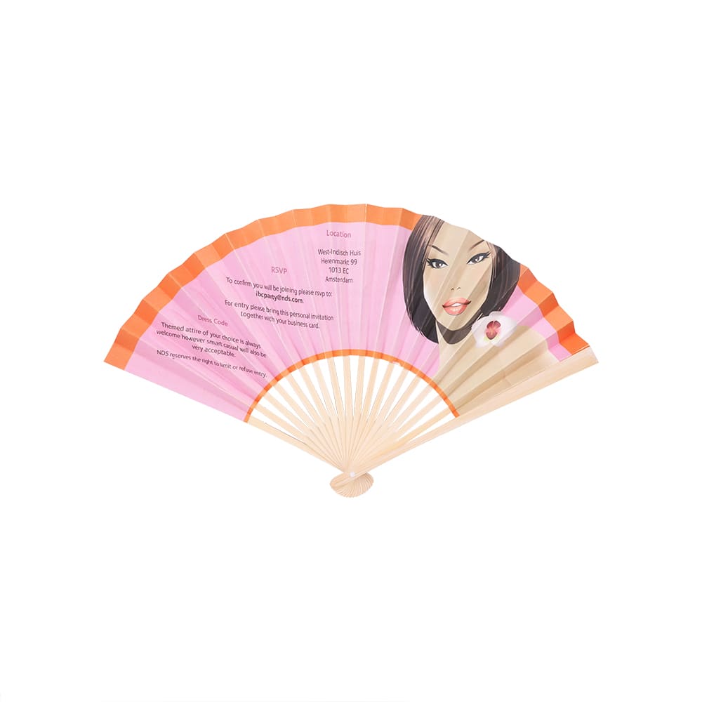 A foldable fan in pink and orange hues featuring a design of a woman's face and decorative patterns, with a logo.