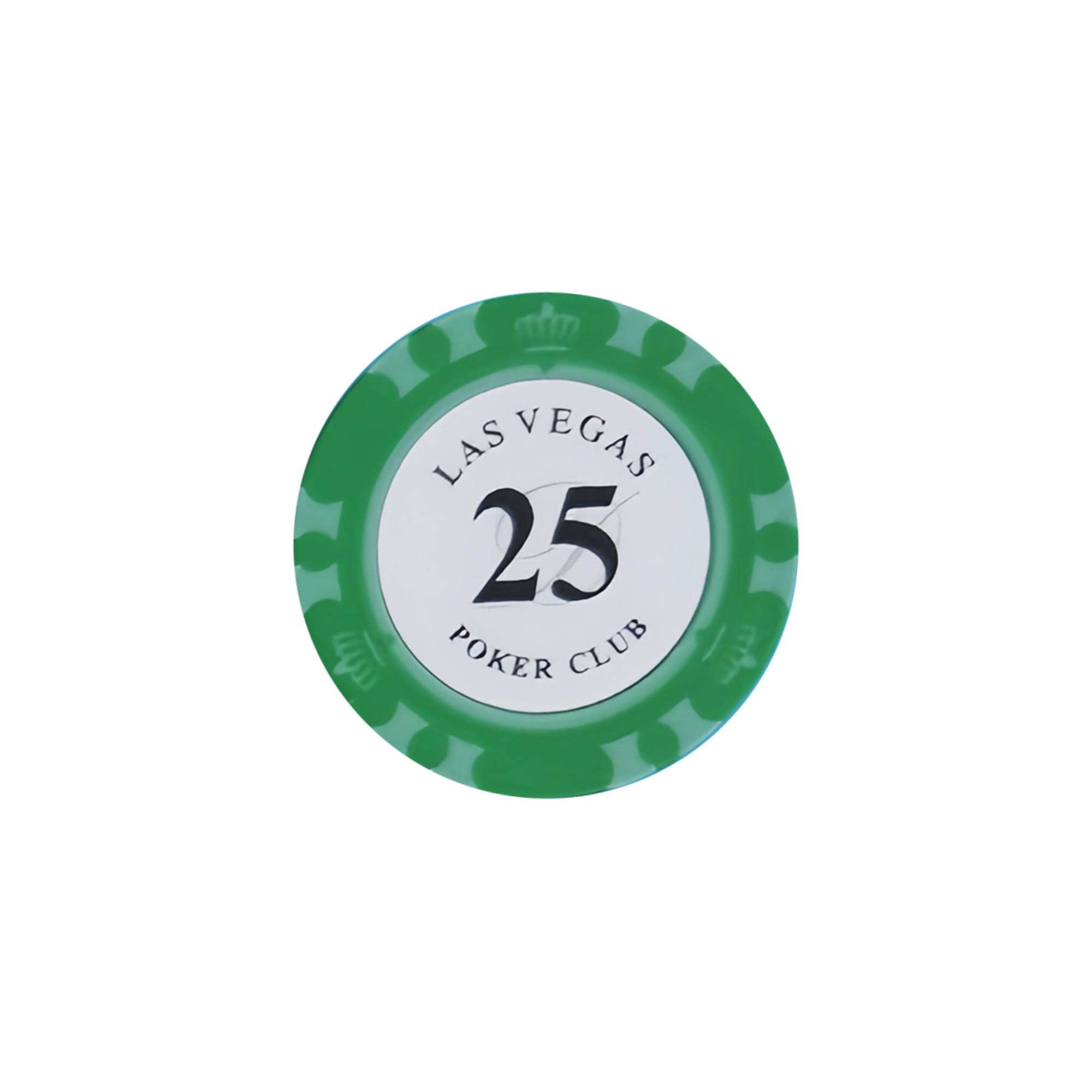A green poker chip featuring a white centre with the number 25 and poker club details. It has a branding logo.