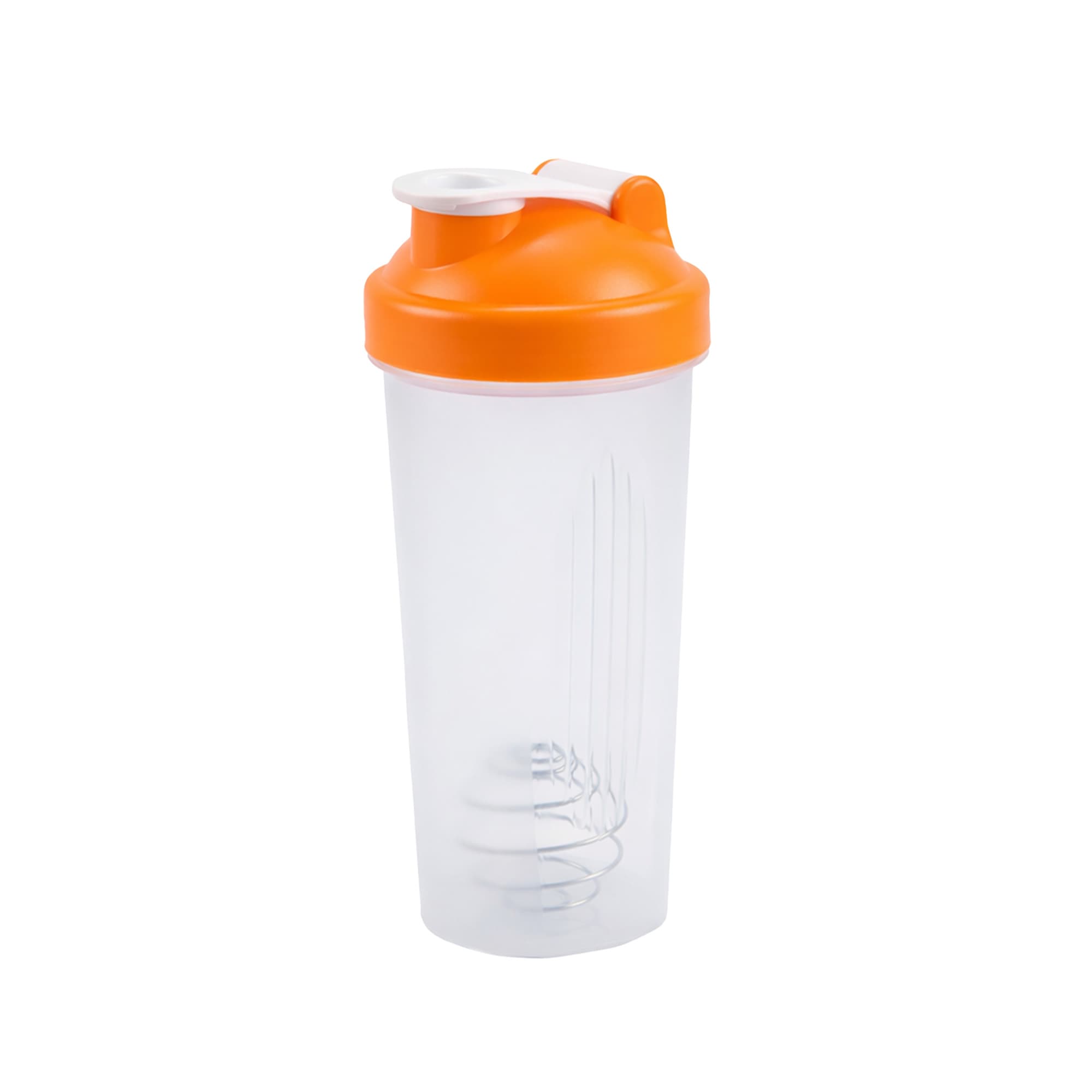A drink bottle featuring a transparent body with an orange lid, designed for mixing protein shakes.