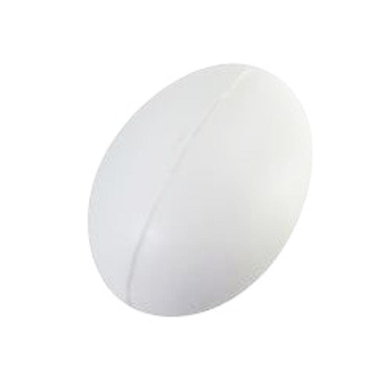 An egg-shaped stress reliever in white with a smooth surface and a subtle seam detail. Features a logo.