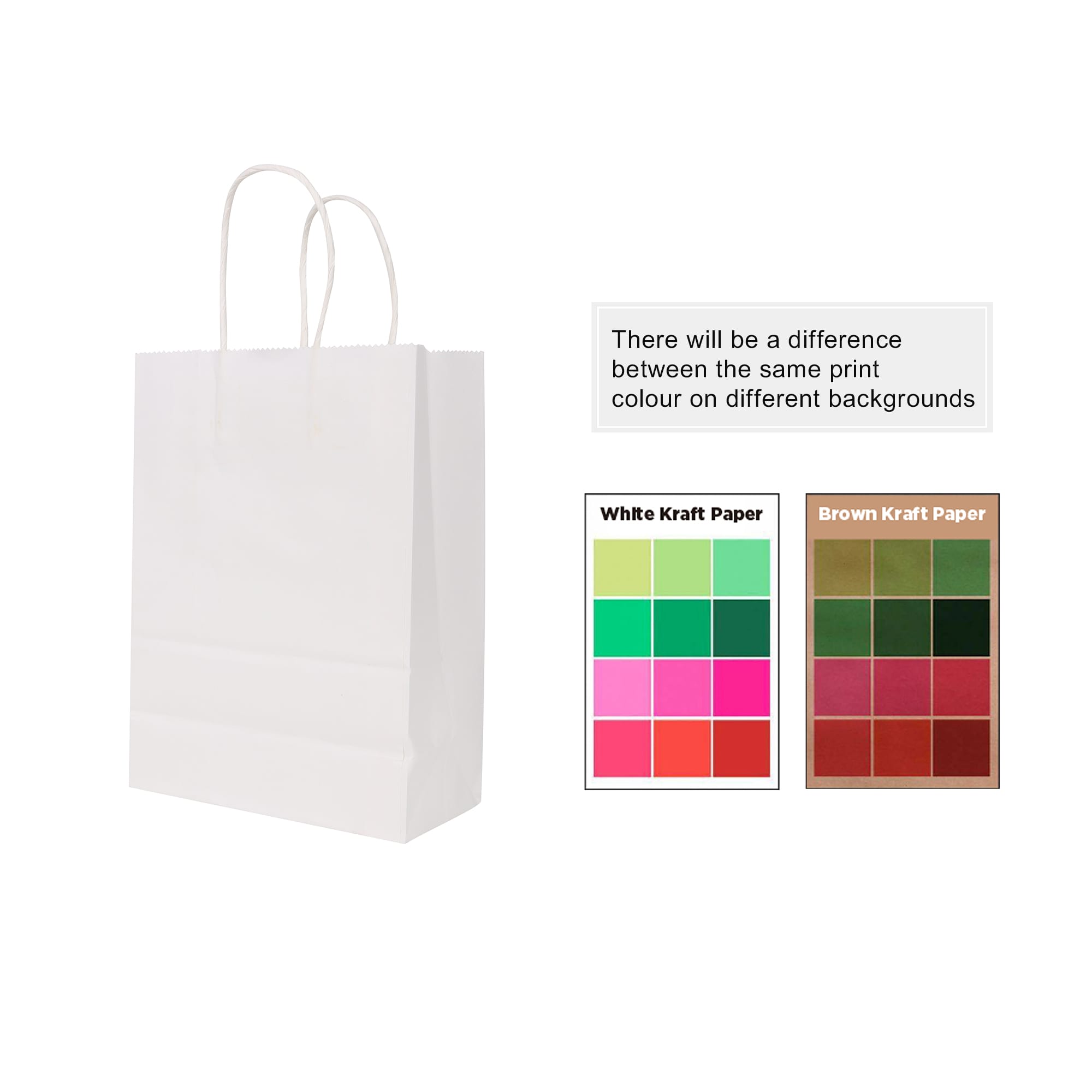 A white Kraft paper bag with twisted handles, showcasing different print colour options against various backgrounds.