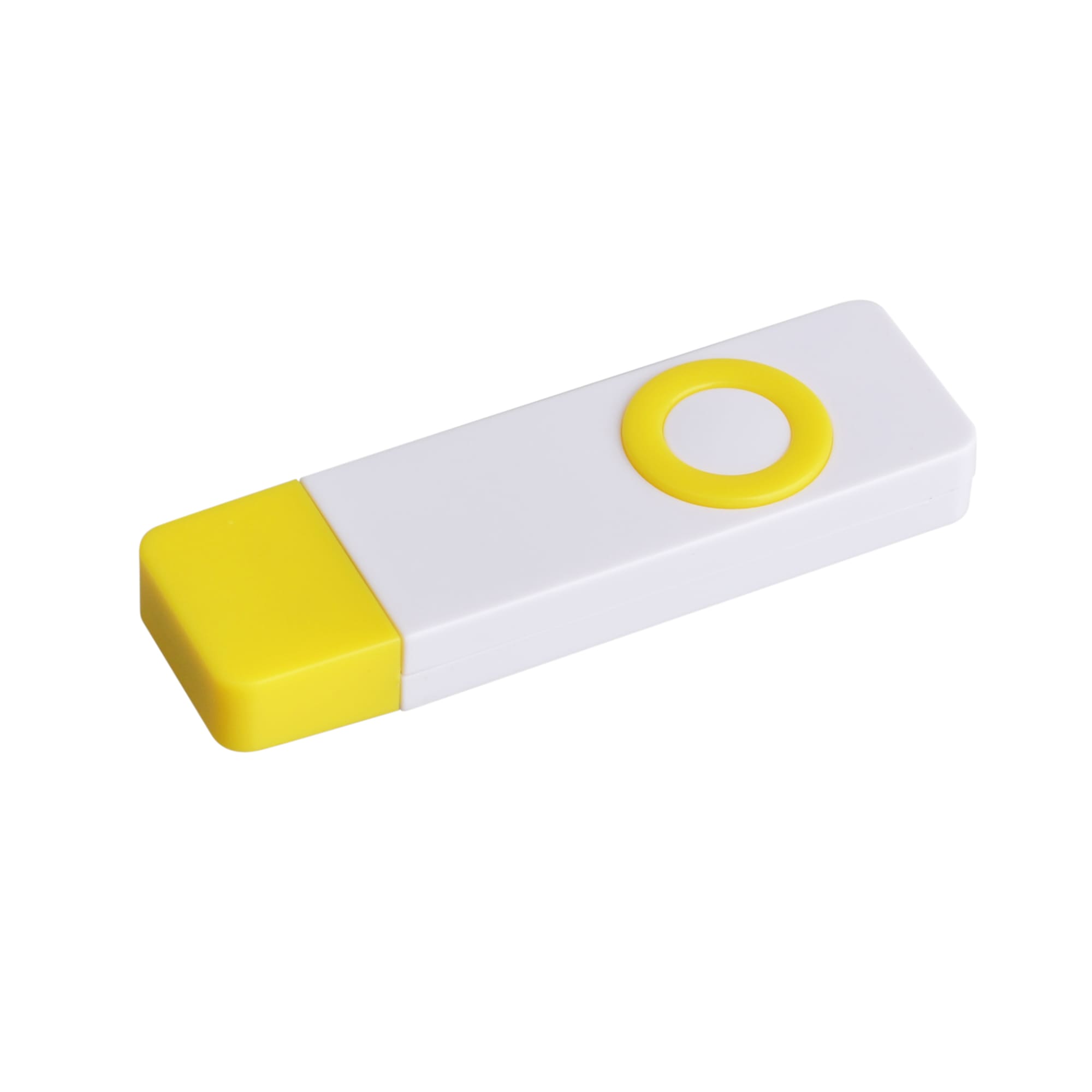 A white and yellow flash drive featuring a circular design on one end and a smooth surface.