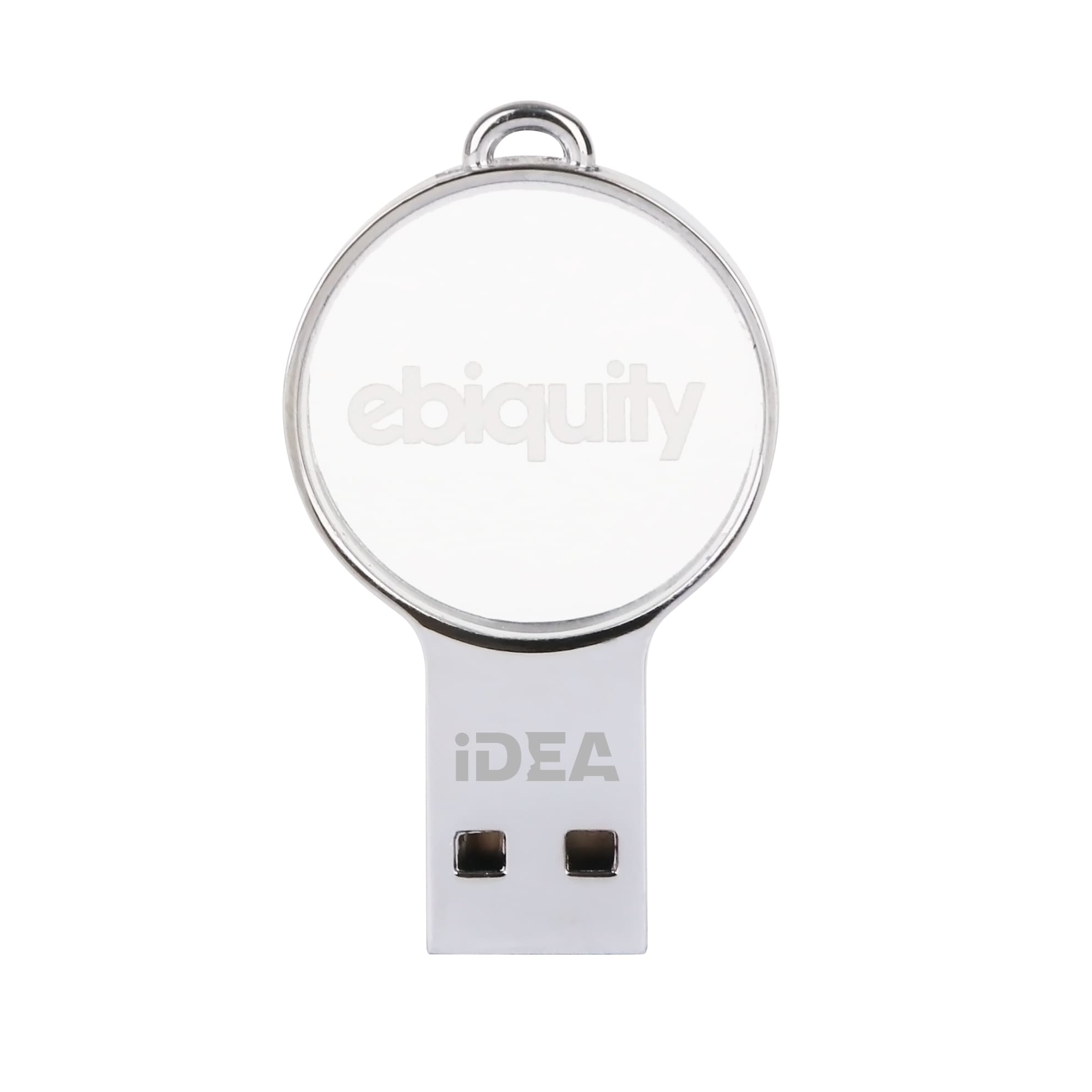 A mini round crystal flash drive in silver and clear, featuring a branding logo on its surface.